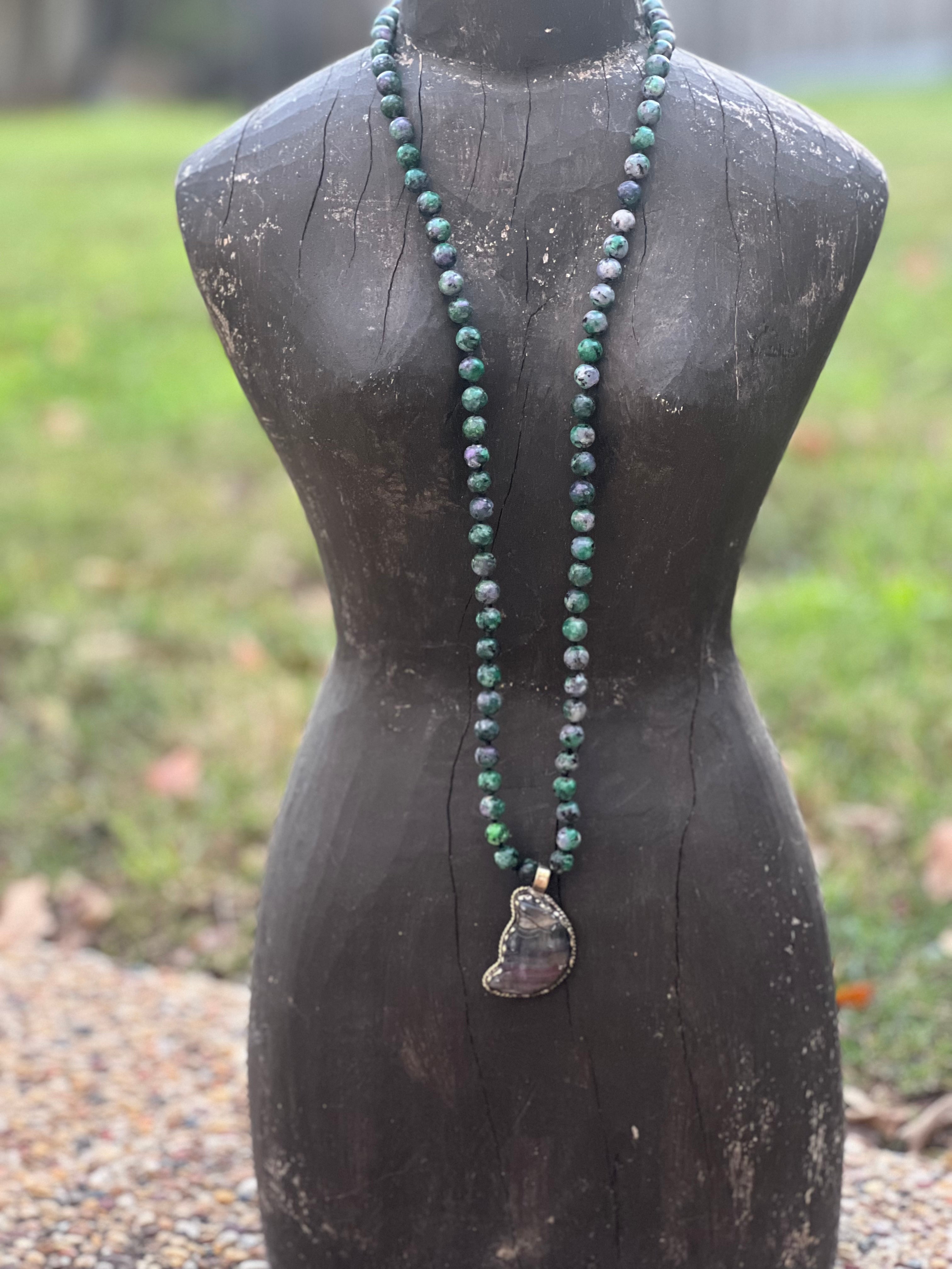 One of a Kind Ruby Zoisite Fluorite & Tibetan Silver Moon Necklace on Simply Obsessed