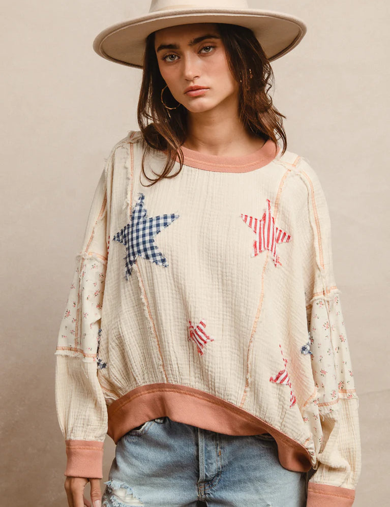 BIBI Gingham Star Patches Top - OATMEAL on Simply Obsessed