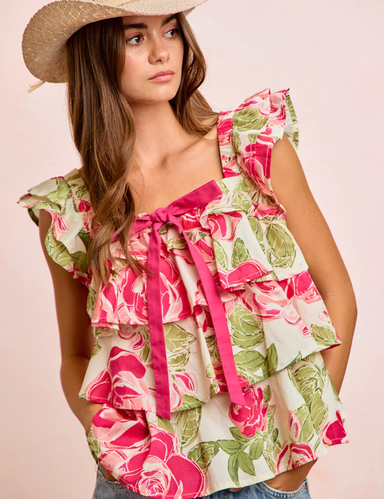 BIBI Floral Print Woven Bow Print Top - FLORAL on Simply Obsessed