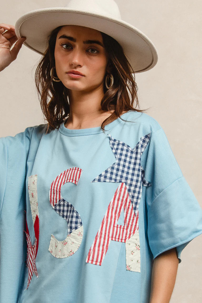 BIBI Mix and Match Stars and USA Patchwork Top - LIGHT DENIM on Simply Obsessed