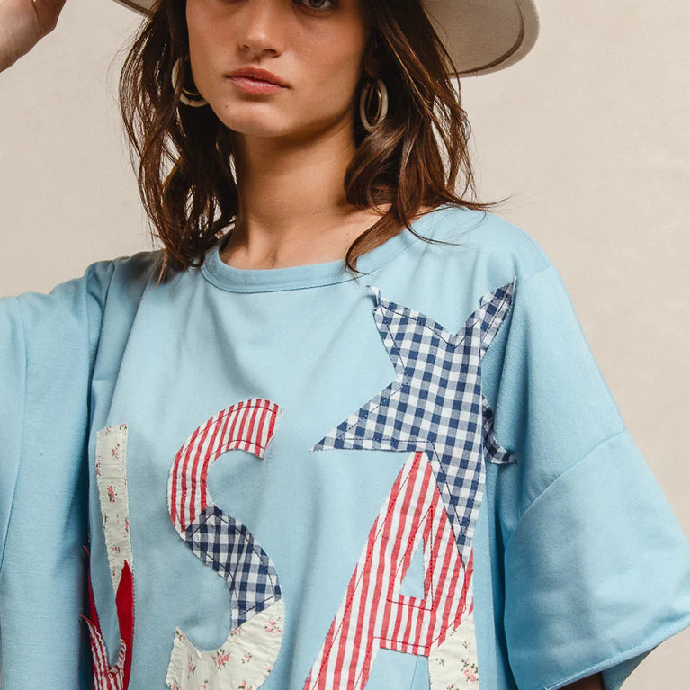 BIBI Mix and Match Stars and USA Patchwork Top - LIGHT DENIM on Simply Obsessed