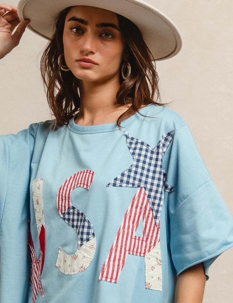 BIBI Mix and Match Stars and USA Patchwork Top - LIGHT DENIM on Simply Obsessed