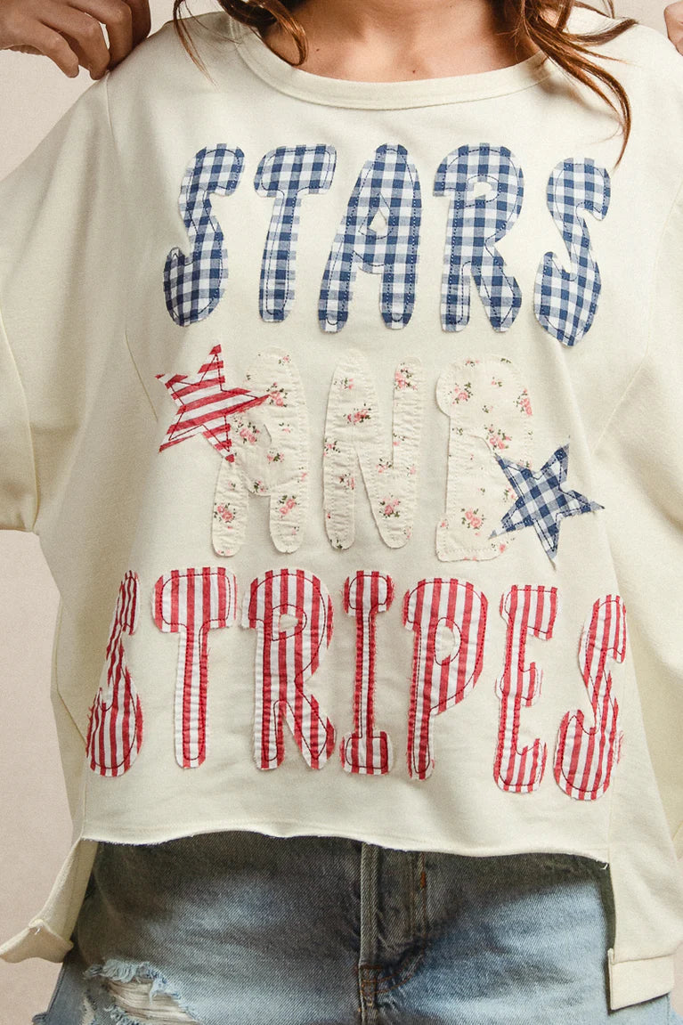 BIBI Mix and Match Stars and Stripes Patchwork Top - OFF WHITE on Simply Obsessed