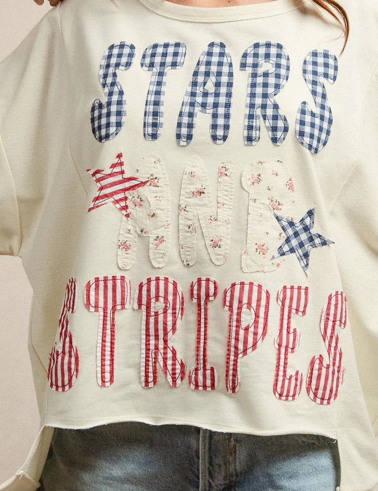 BIBI Mix and Match Stars and Stripes Patchwork Top - OFF WHITE on Simply Obsessed