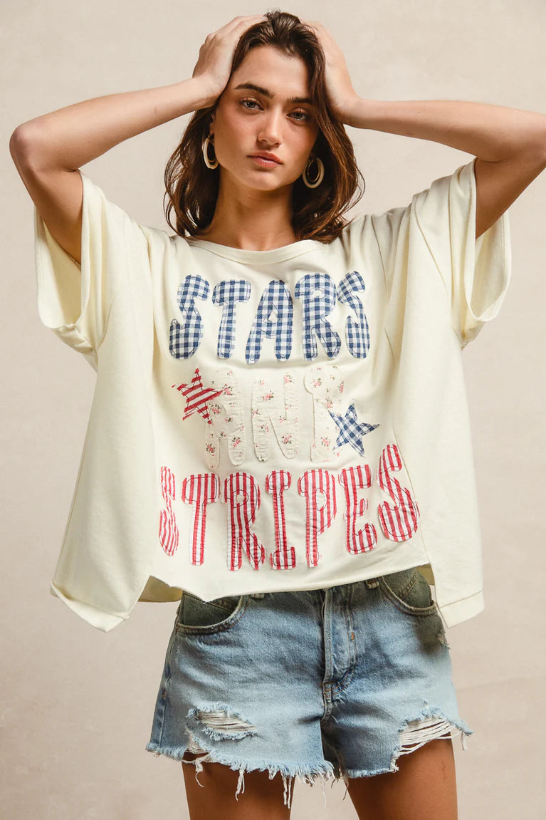 BIBI Mix and Match Stars and Stripes Patchwork Top - OFF WHITE on Simply Obsessed