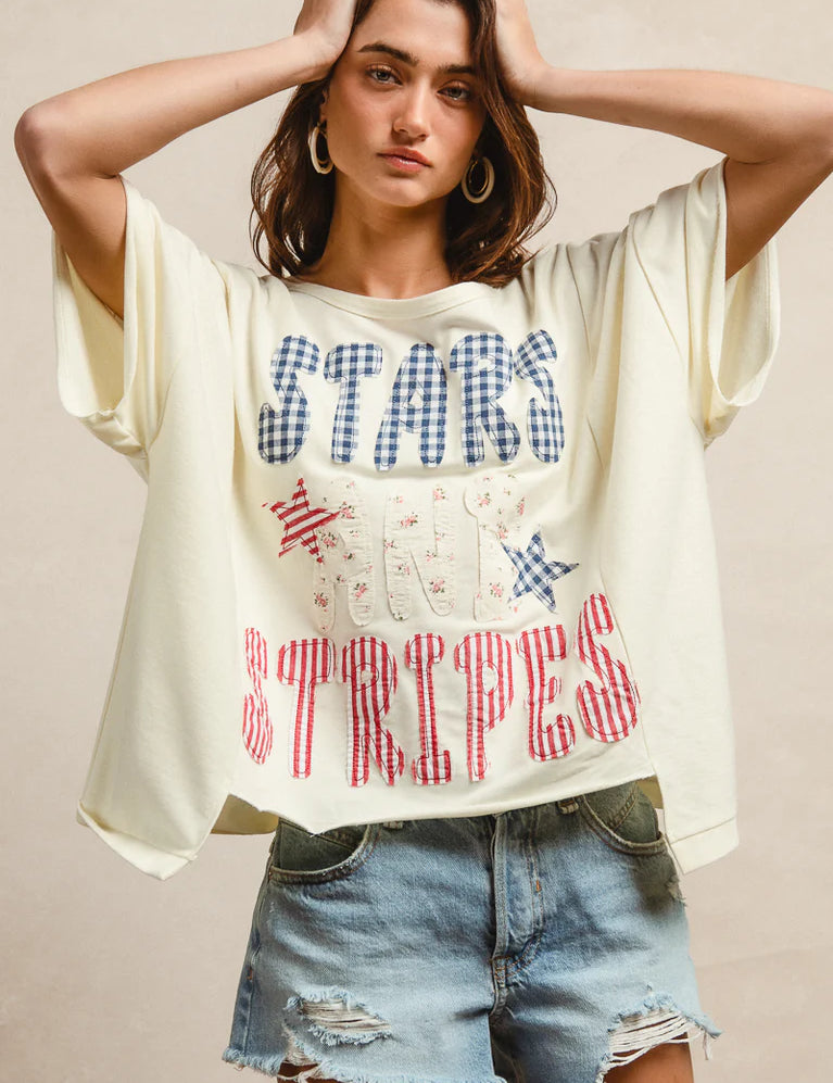 BIBI Mix and Match Stars and Stripes Patchwork Top - OFF WHITE on Simply Obsessed