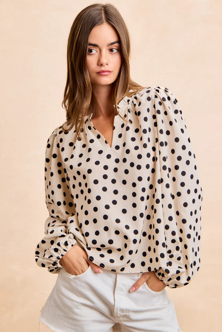 BIBI Polka Dot Balloon Sleeve Blouse - CREAM