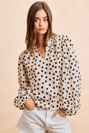BIBI Polka Dot Balloon Sleeve Blouse - CREAM