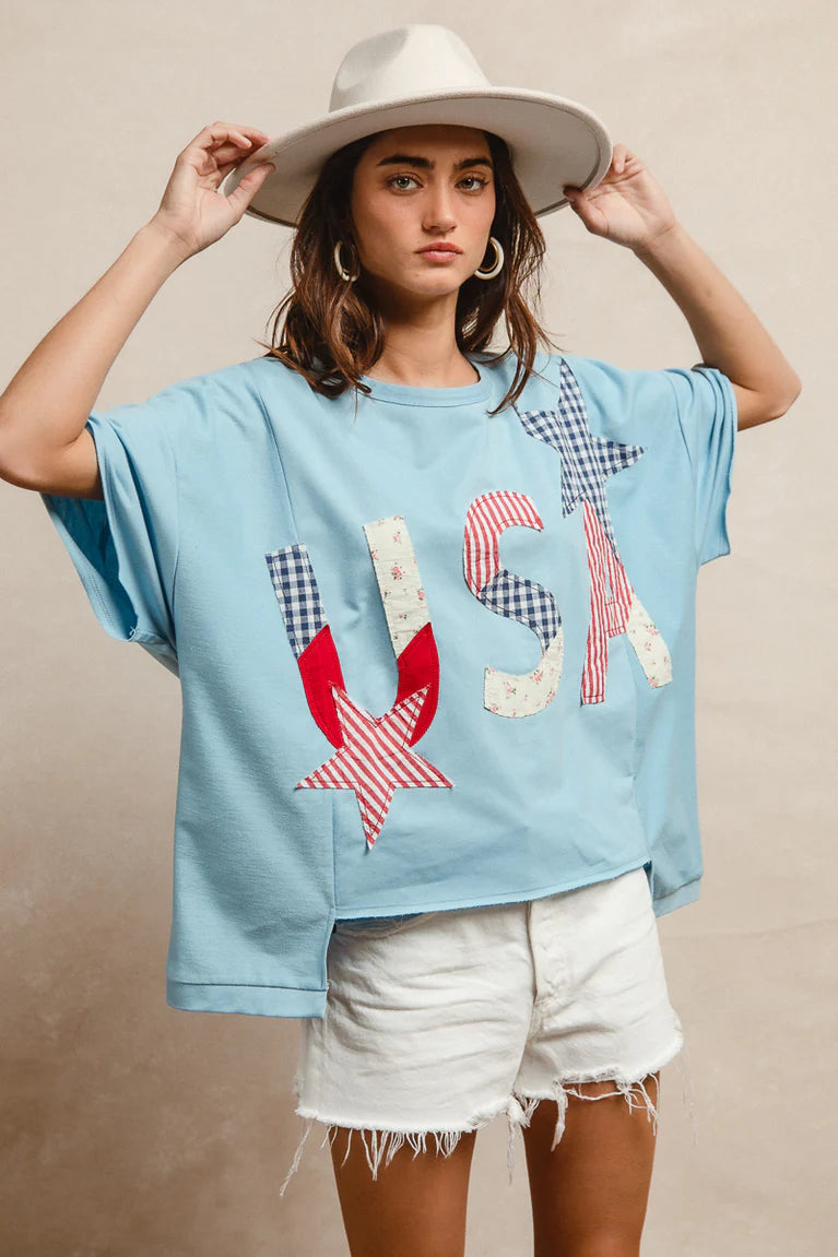 BIBI Mix and Match Stars and USA Patchwork Top - LIGHT DENIM on Simply Obsessed