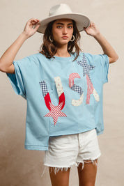 BIBI Mix and Match Stars and USA Patchwork Top - LIGHT DENIM on Simply Obsessed