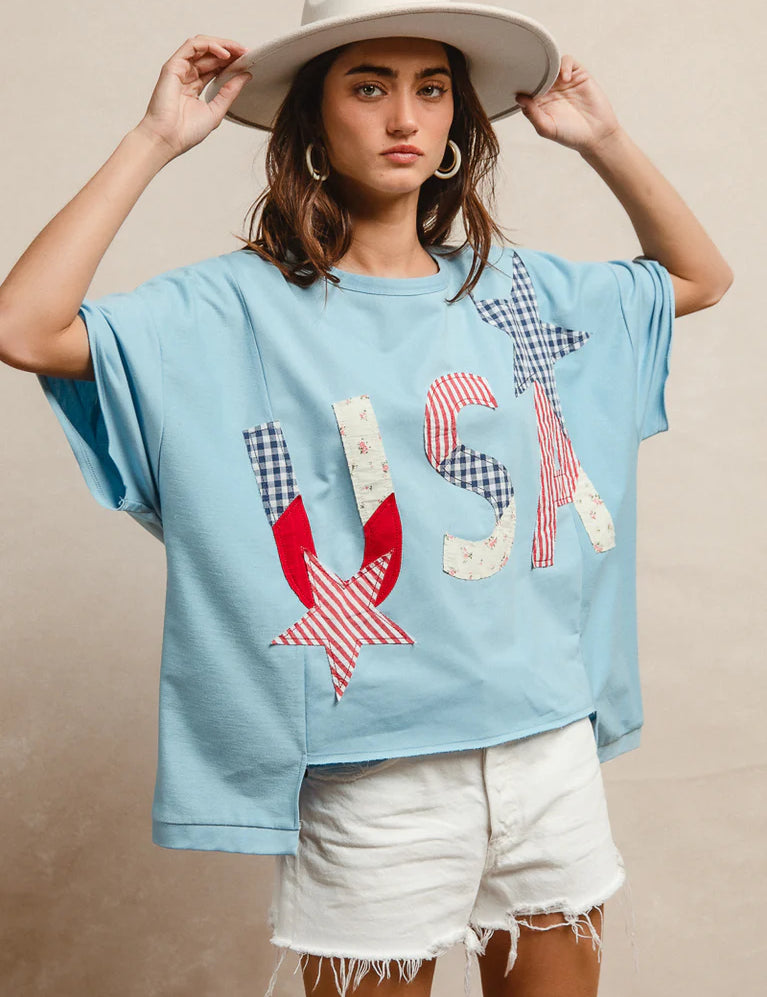 BIBI Mix and Match Stars and USA Patchwork Top - LIGHT DENIM on Simply Obsessed
