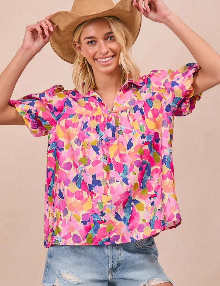 BIBI Floral Print Puff Sleeves Top - PINK on Simply Obsessed
