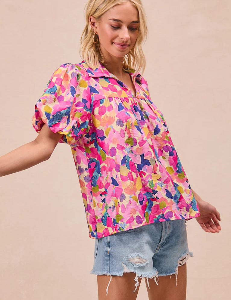 BIBI Floral Print Puff Sleeves Top - PINK on Simply Obsessed