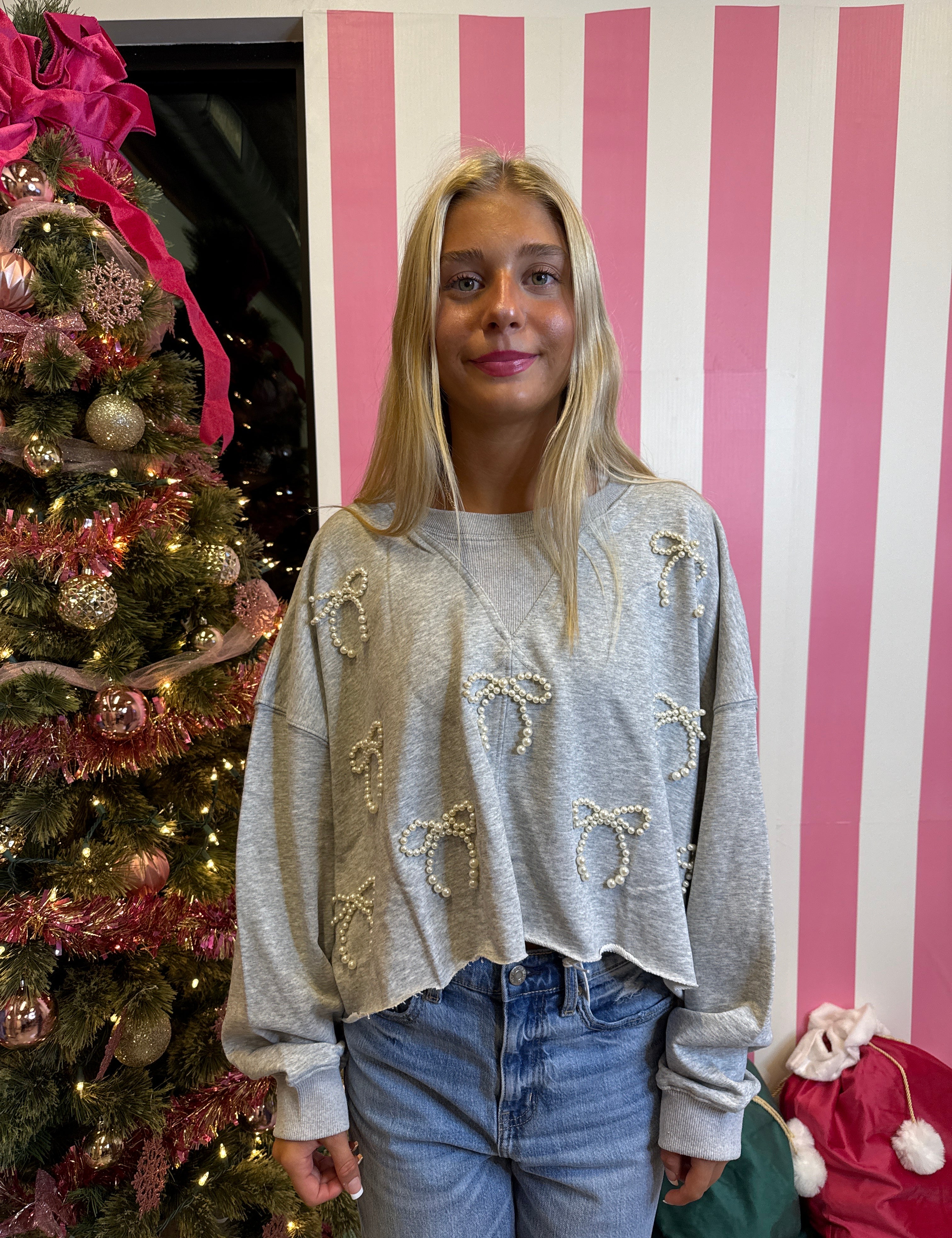 PEACH LOVE Cotton Terry Pearl Embellished Cropped Sweater on Simply Obsessed