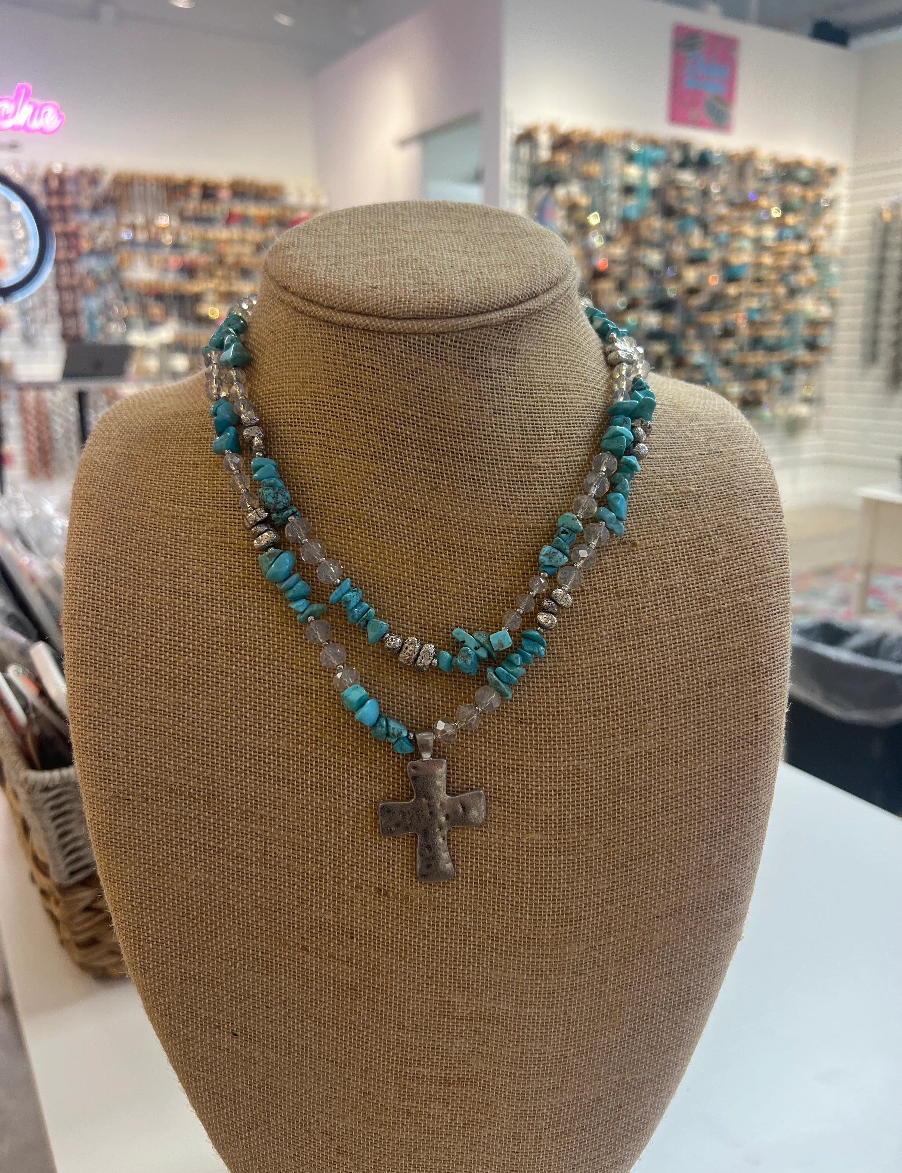 PINK PANACHE Blue & Silver Beaded Cross Necklace on Simply Obsessed