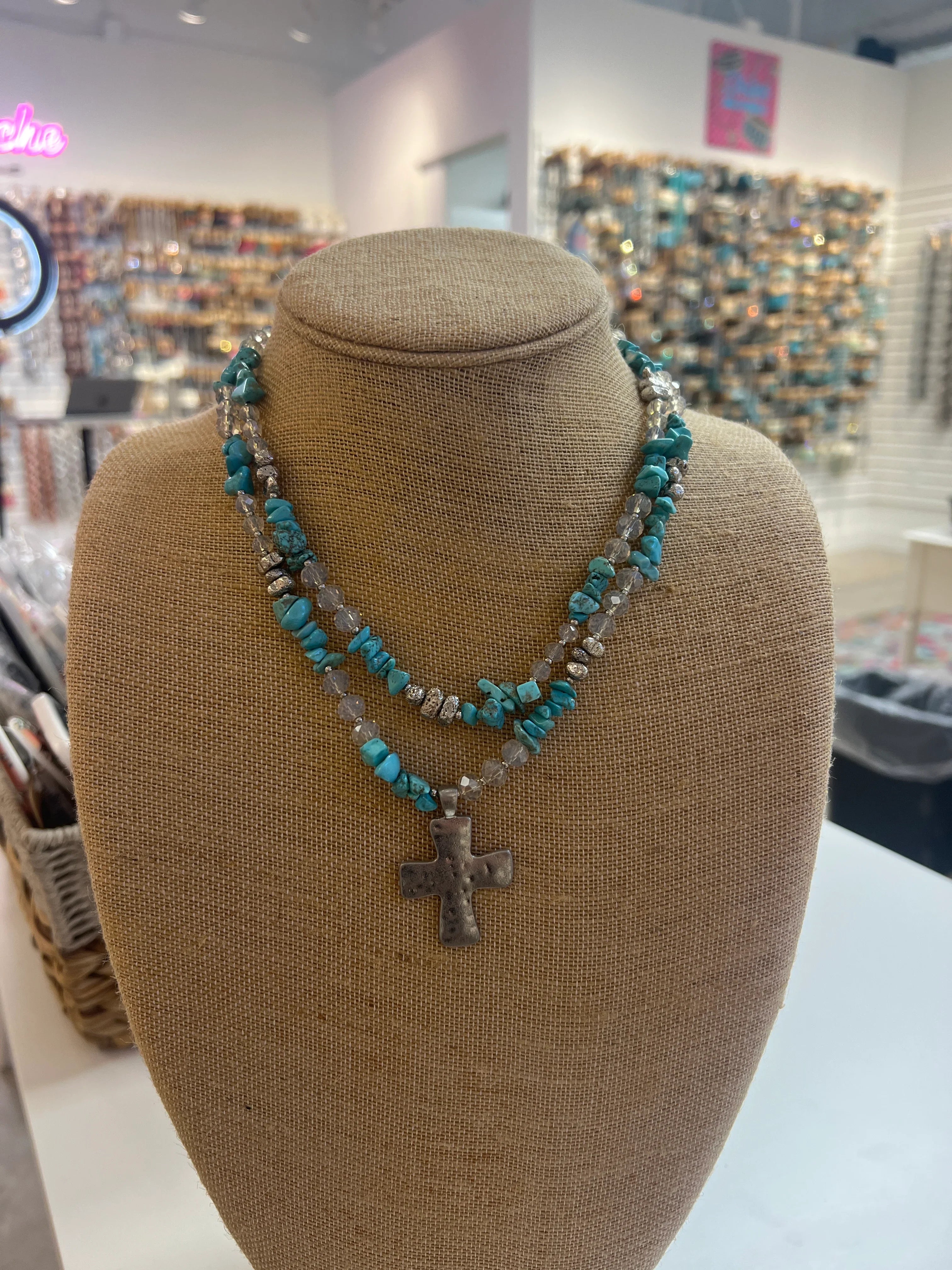 PINK PANACHE Blue & Silver Beaded Cross Necklace on Simply Obsessed