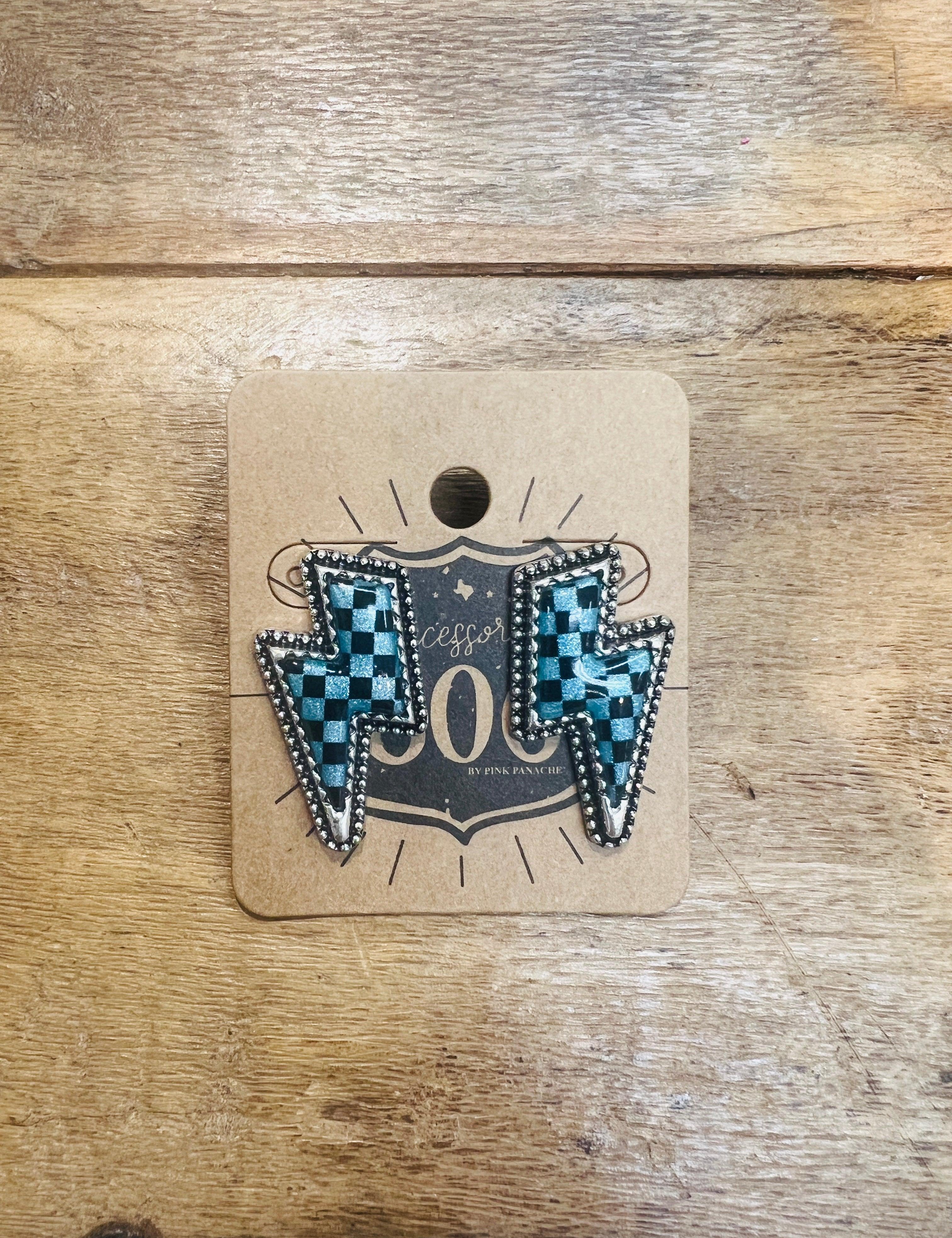 PINK PANACHE Blue Checkered Bolt Studs on Simply Obsessed