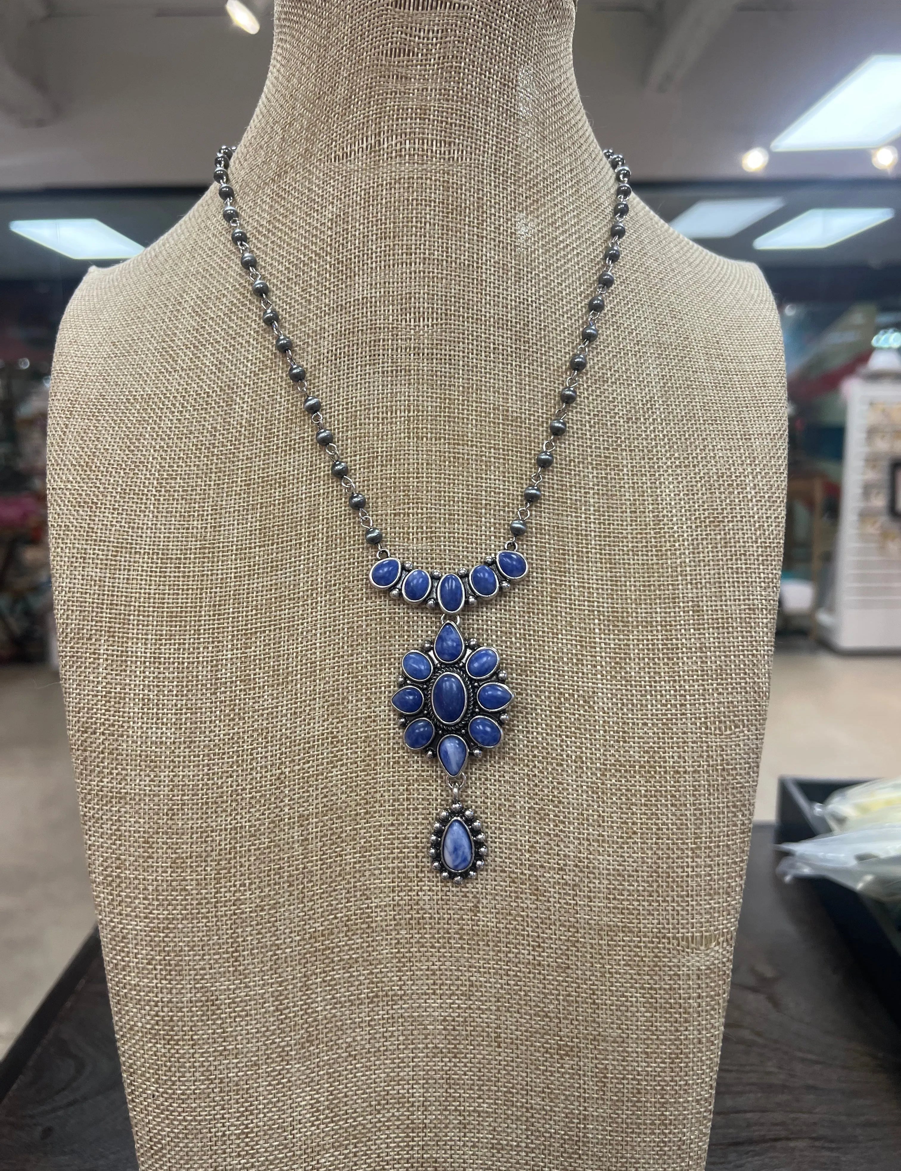 PINK PANACHE Blue Flower Drop Necklace on Simply Obsessed