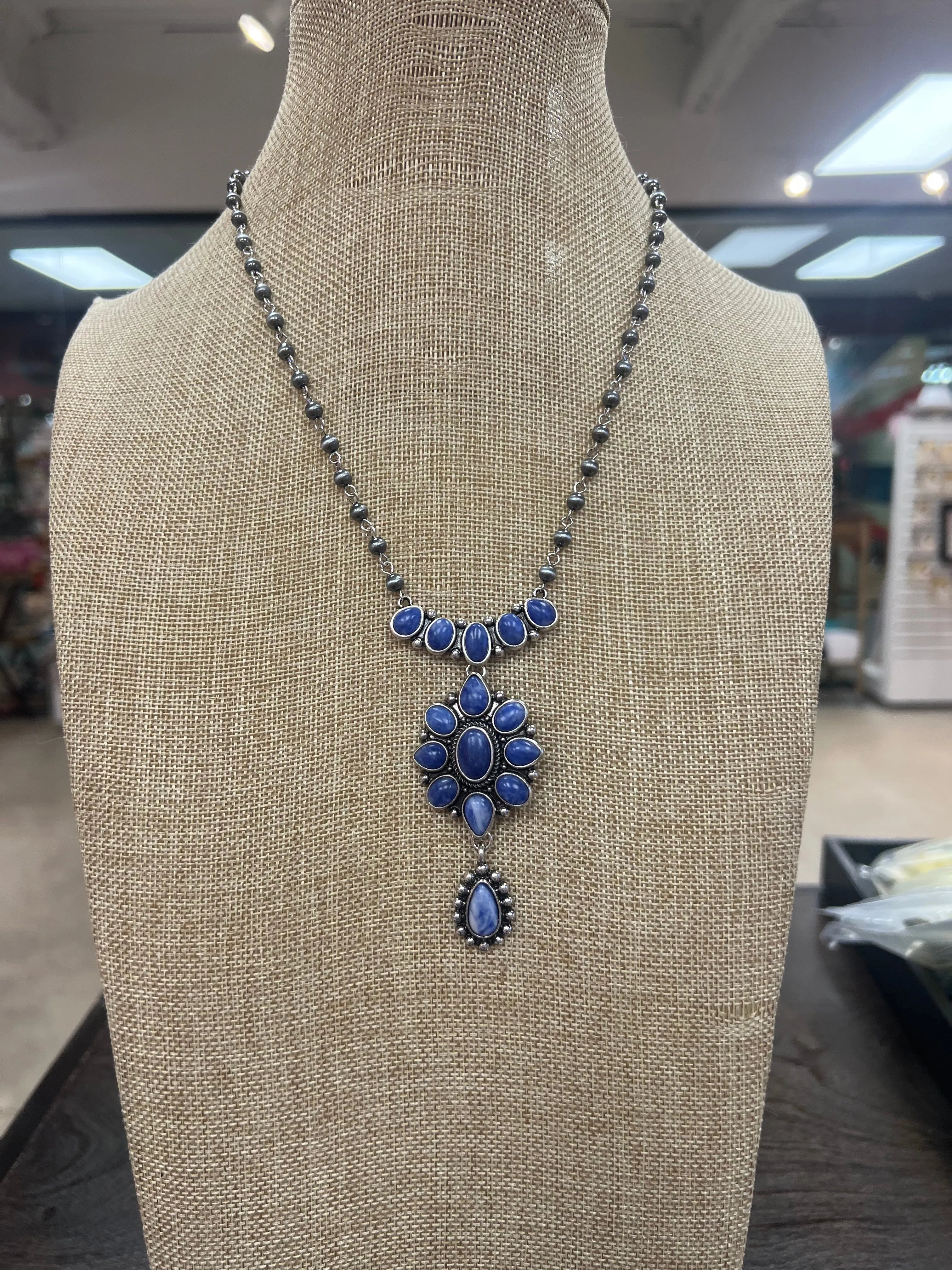 PINK PANACHE Blue Flower Drop Necklace on Simply Obsessed