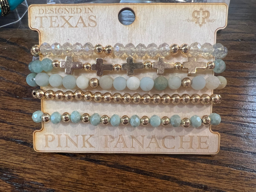 PINK PANACHE: Blue/Gold Cross Bracelet Stack on Simply Obsessed