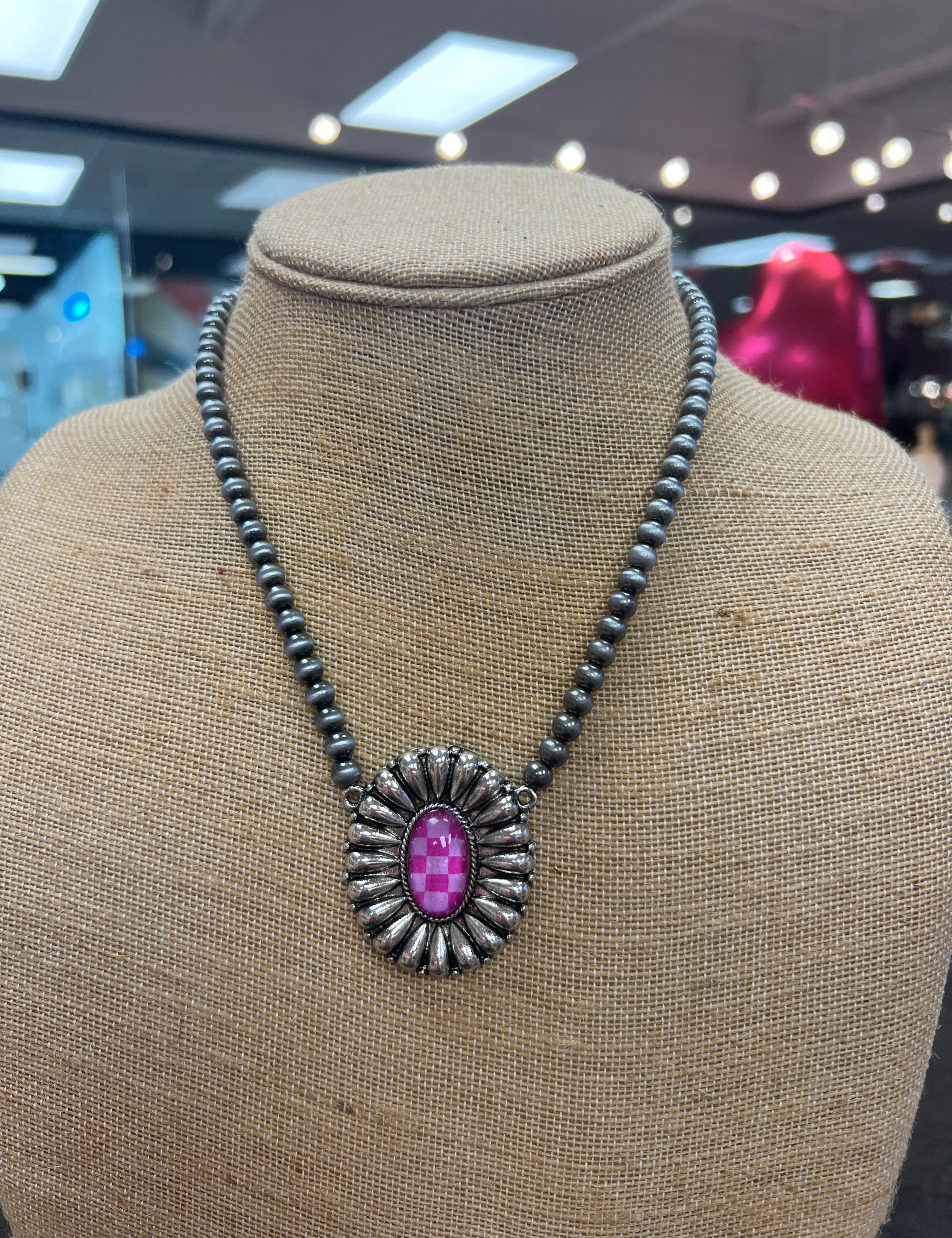 PINK PANACHE Checkered Flower Navajo Pearl Necklace on Simply Obsessed
