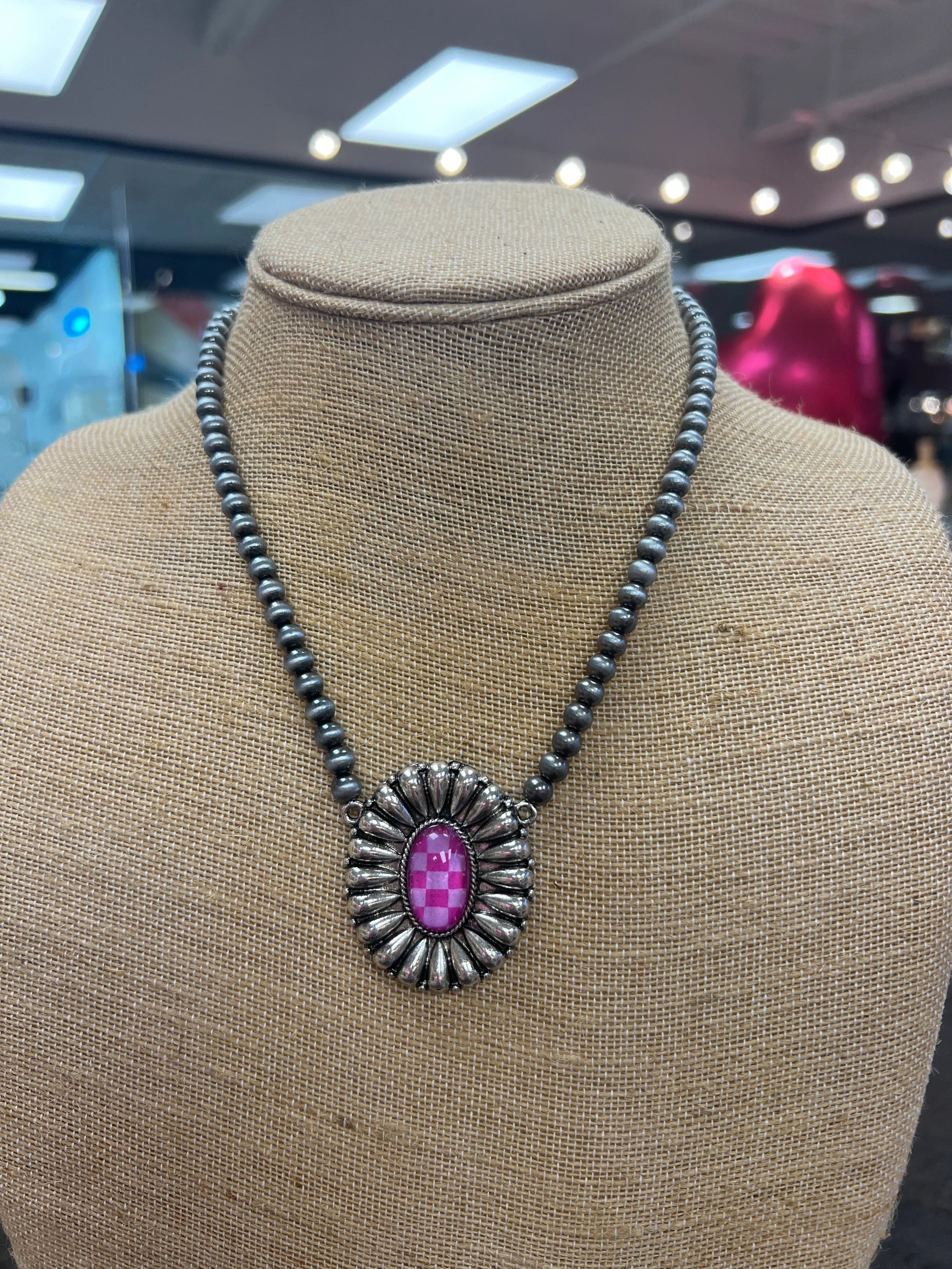 PINK PANACHE Checkered Flower Navajo Pearl Necklace on Simply Obsessed