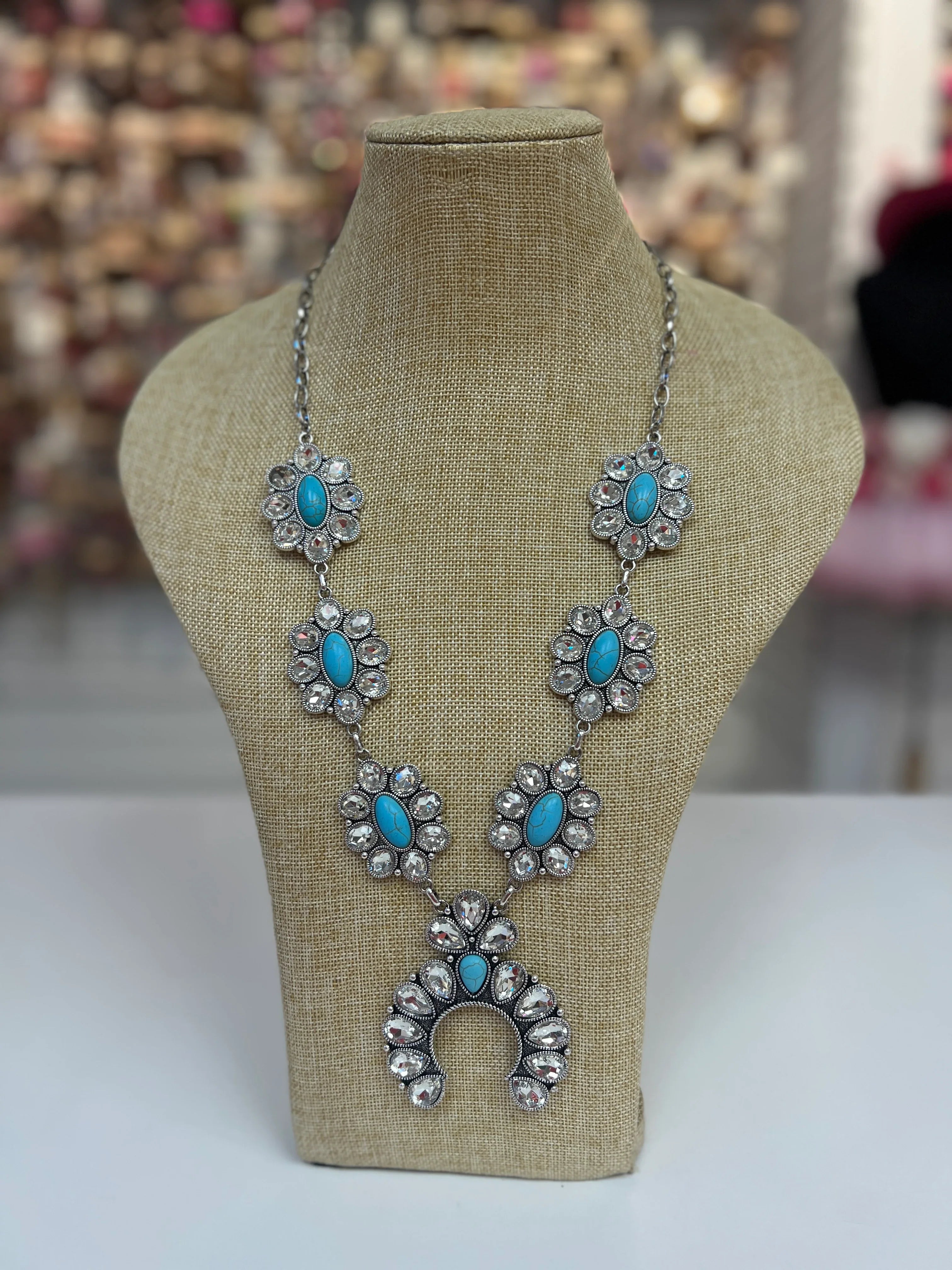 PINK PANACHE Clear/Turquoise Flower Western Necklace on Simply Obsessed