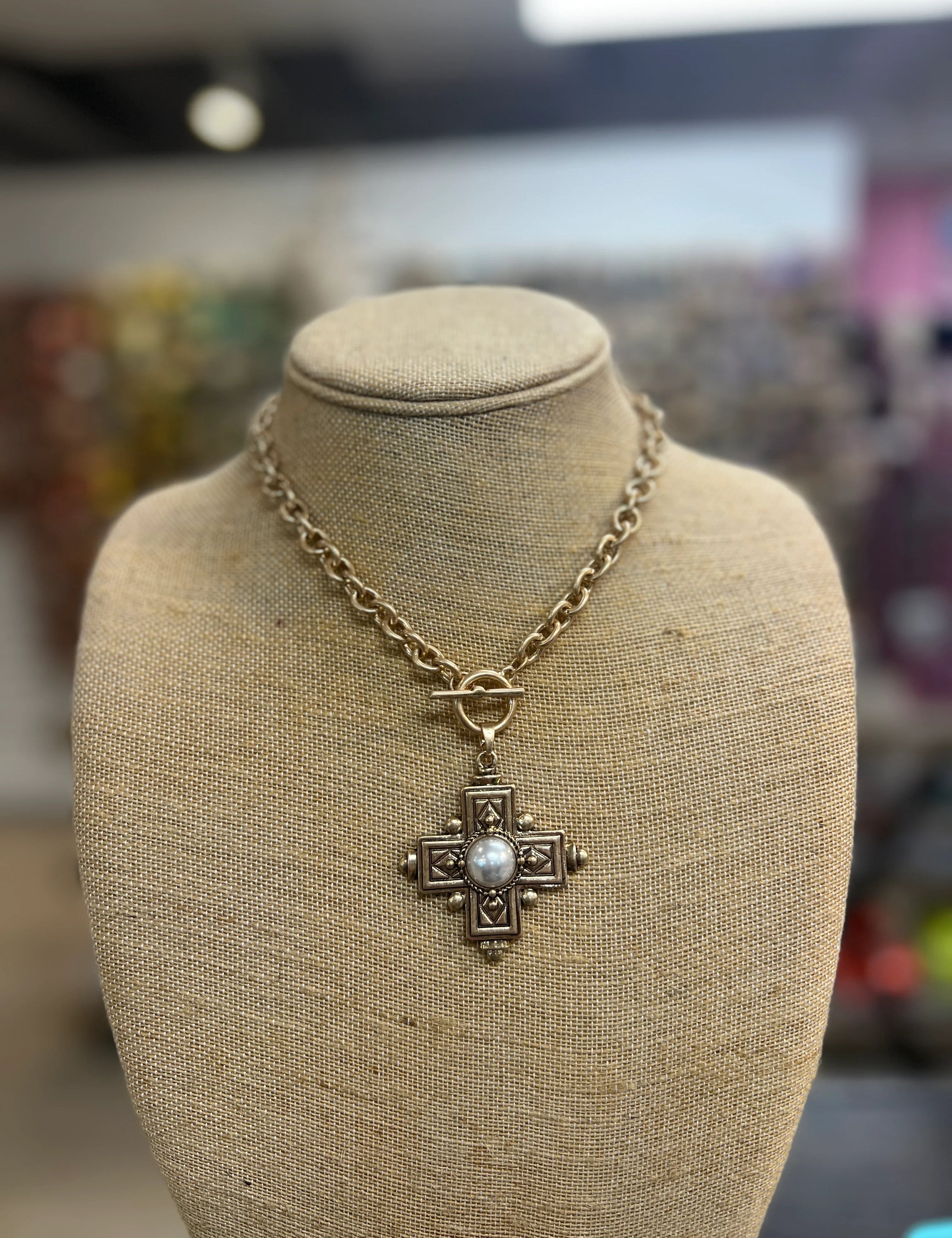 PINK PANACHE Gold Pearl Cross Necklace on Simply Obsessed