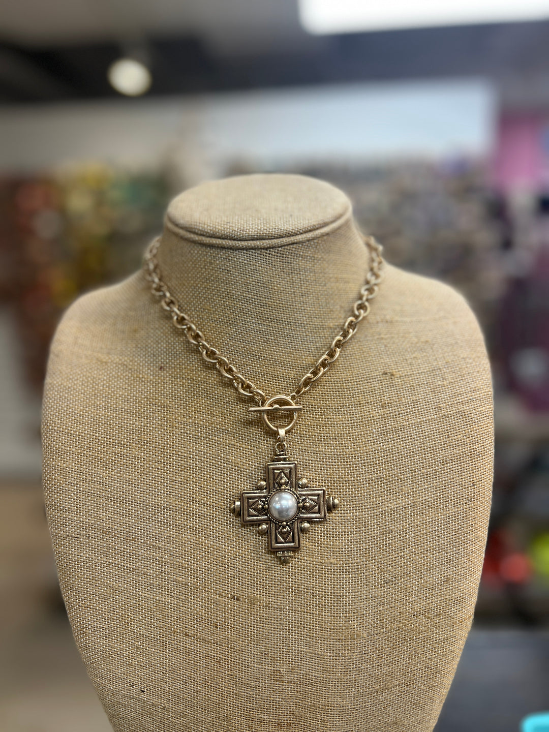 PINK PANACHE Gold Pearl Cross Necklace on Simply Obsessed