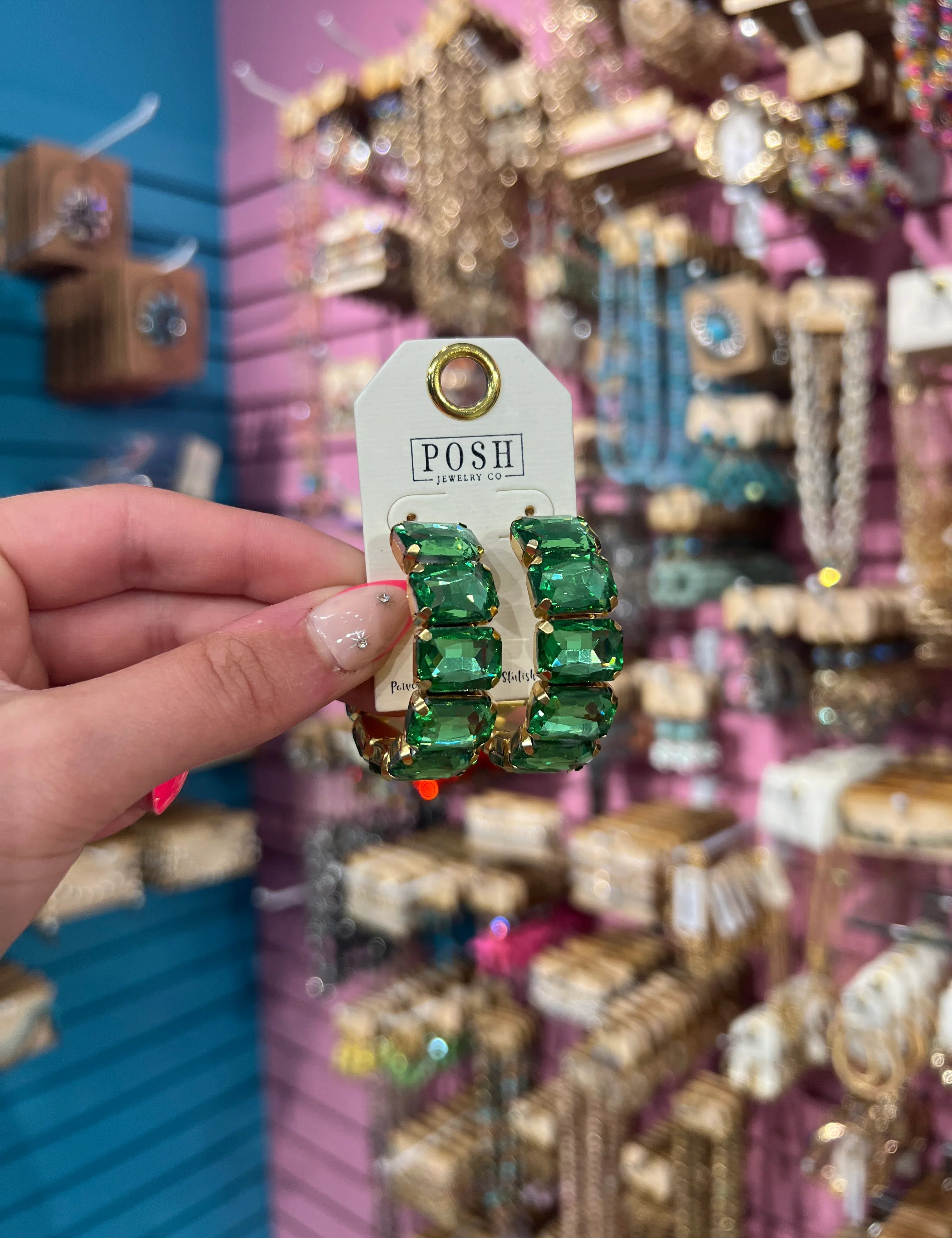 PINK PANACHE Green Stone Hoops on Simply Obsessed