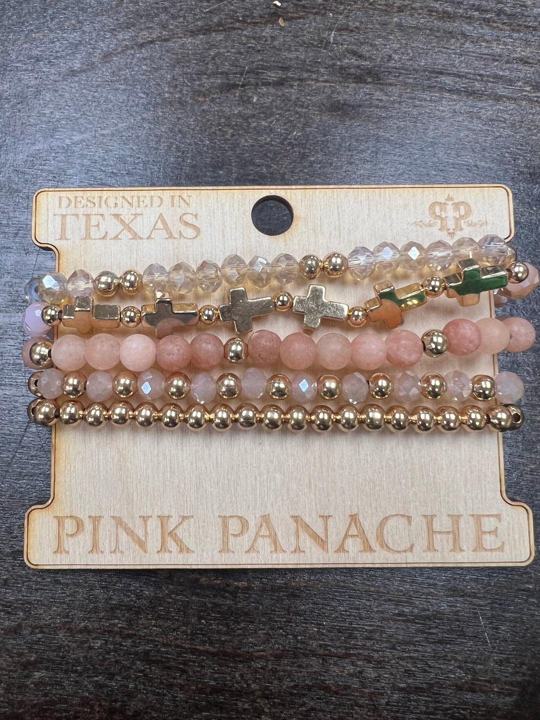 PINK PANACHE: Light Pink/Gold Cross Bracelet Stack on Simply Obsessed