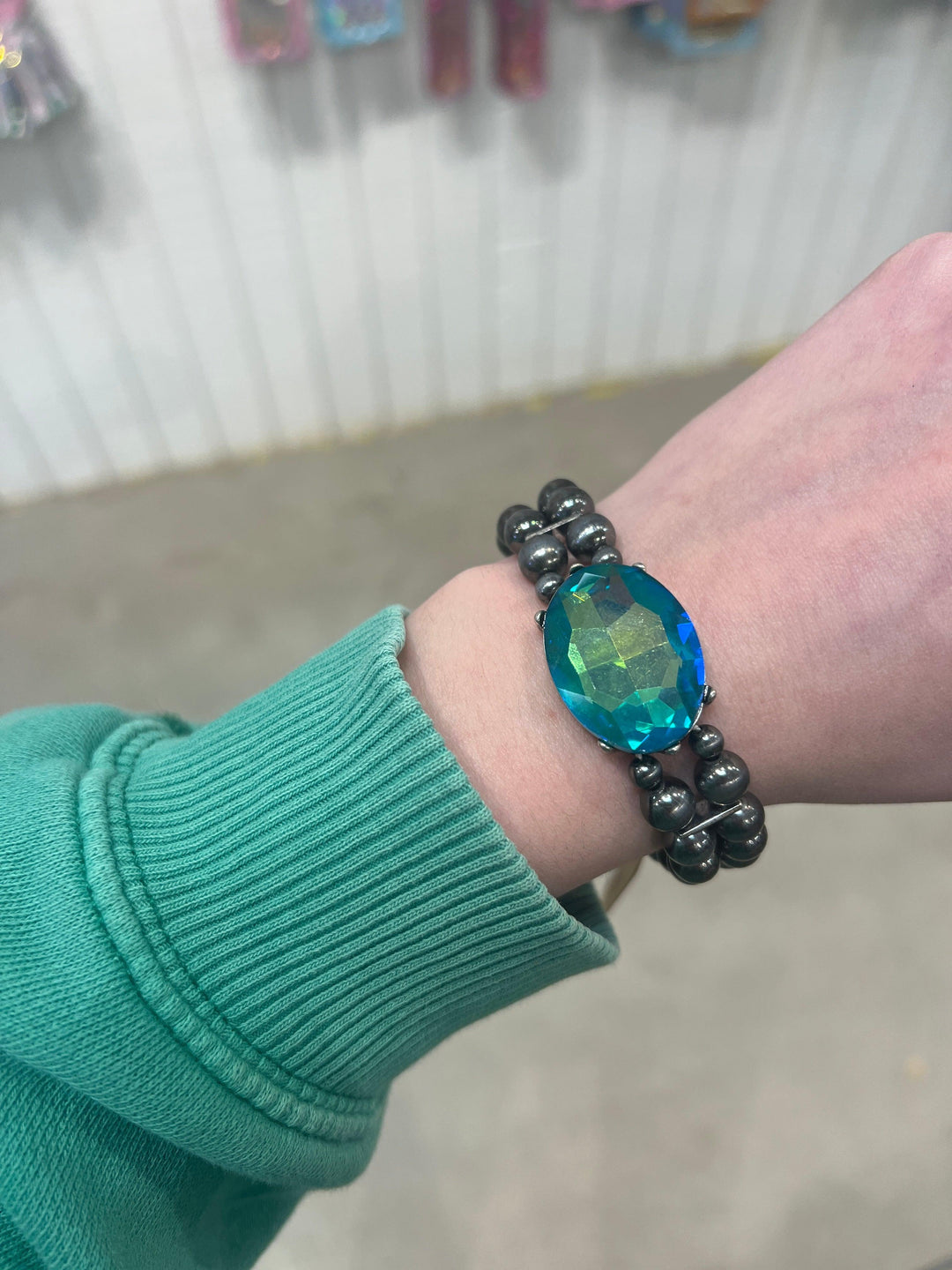 PINK PANACHE Navajo Pearl Blue Stone Stretch Bracelet on Simply Obsessed