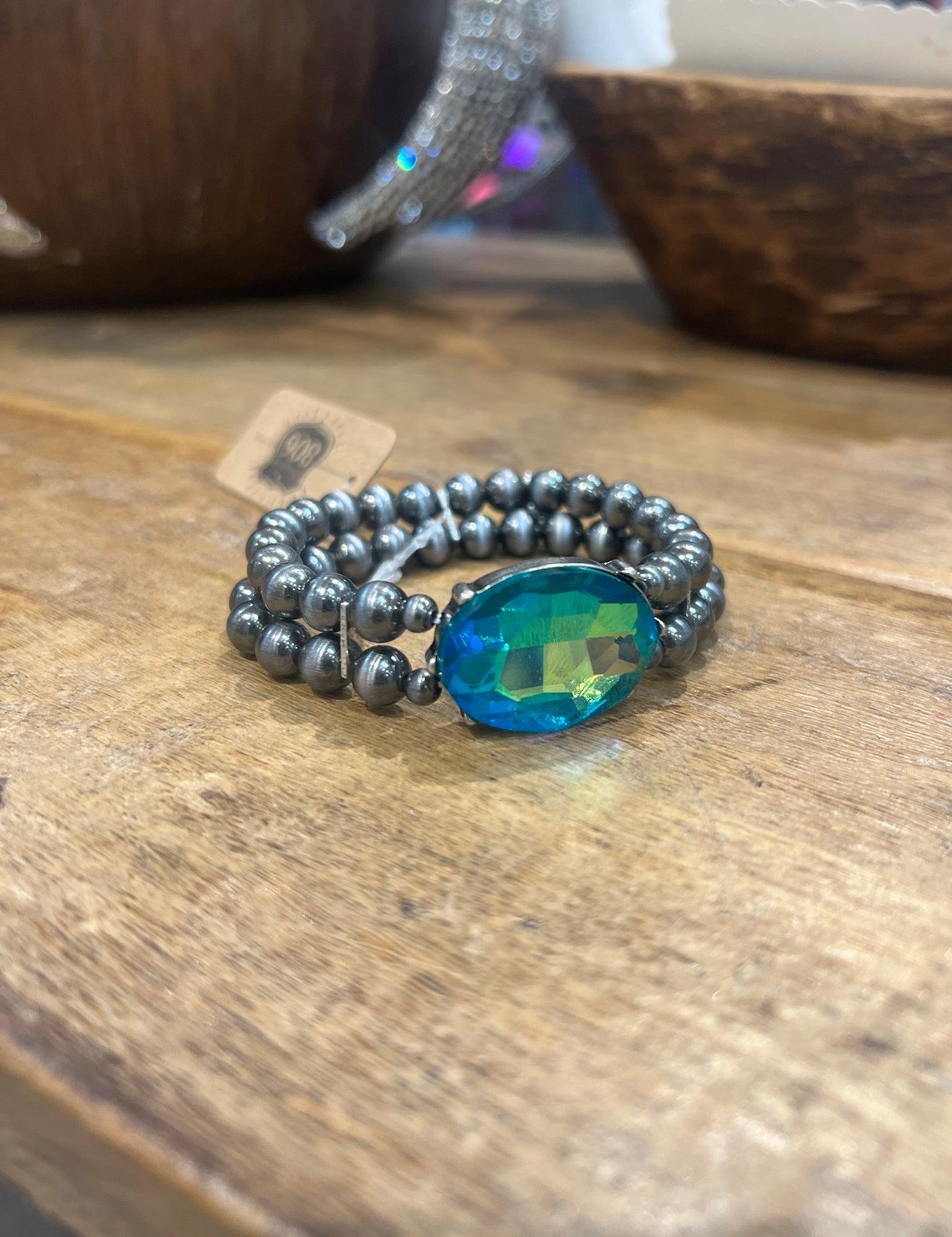 PINK PANACHE Navajo Pearl Blue Stone Stretch Bracelet on Simply Obsessed