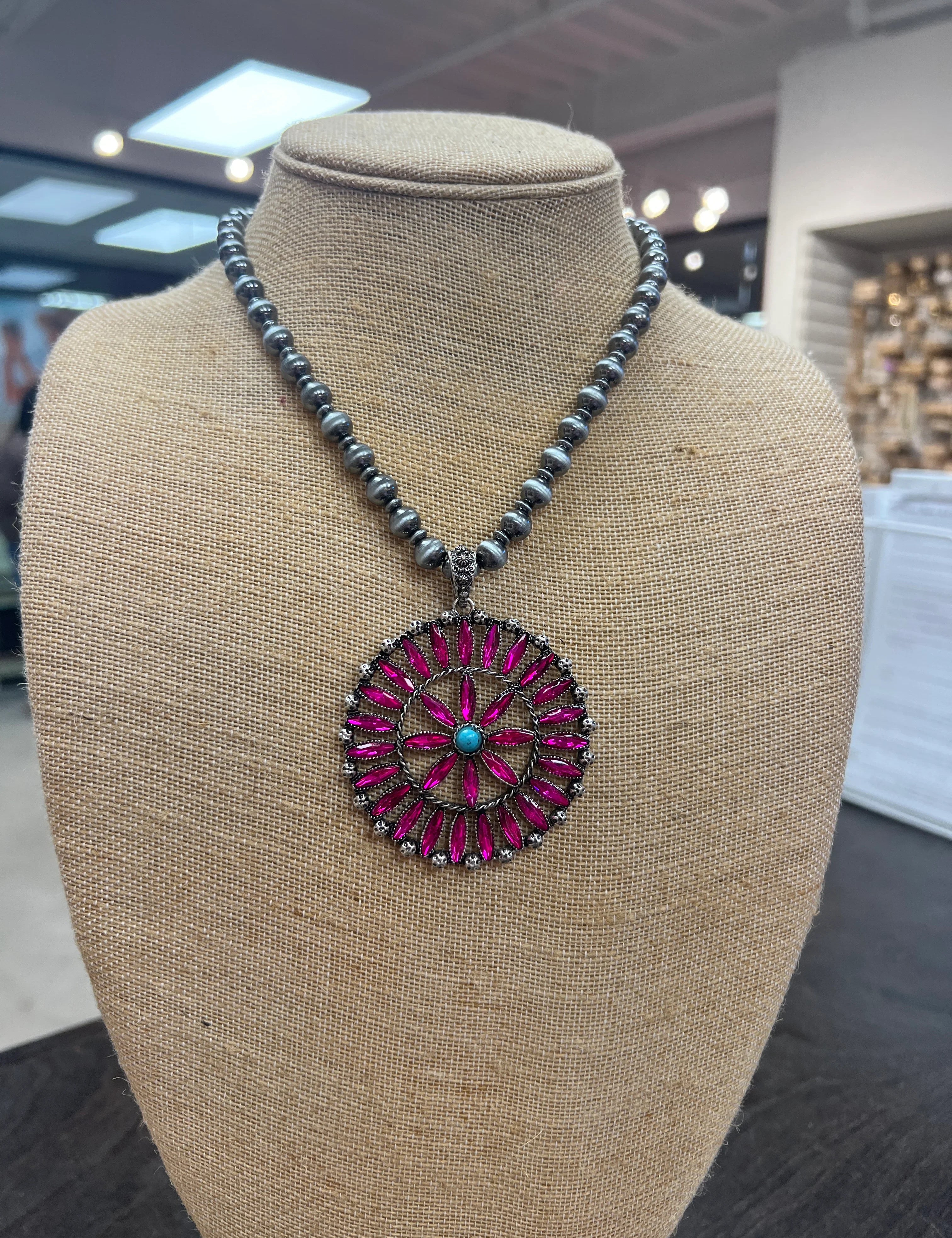 PINK PANACHE Navajo Pearl Pink Crystal Flower Necklace on Simply Obsessed