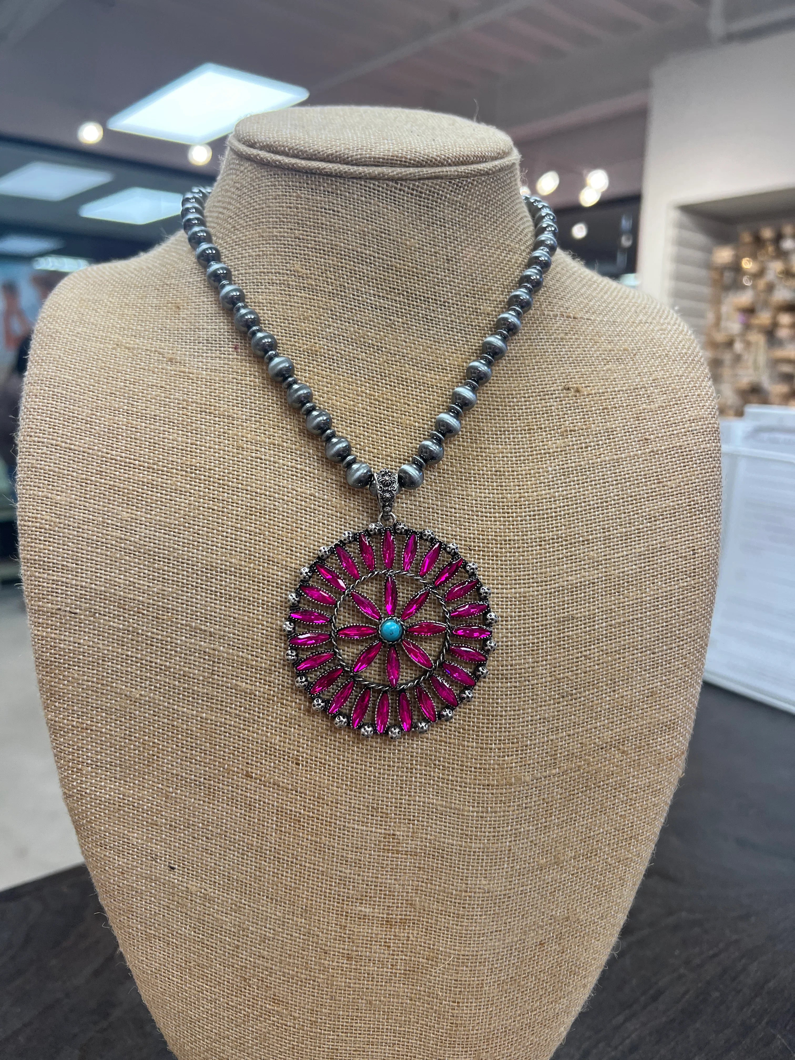 PINK PANACHE Navajo Pearl Pink Crystal Flower Necklace on Simply Obsessed
