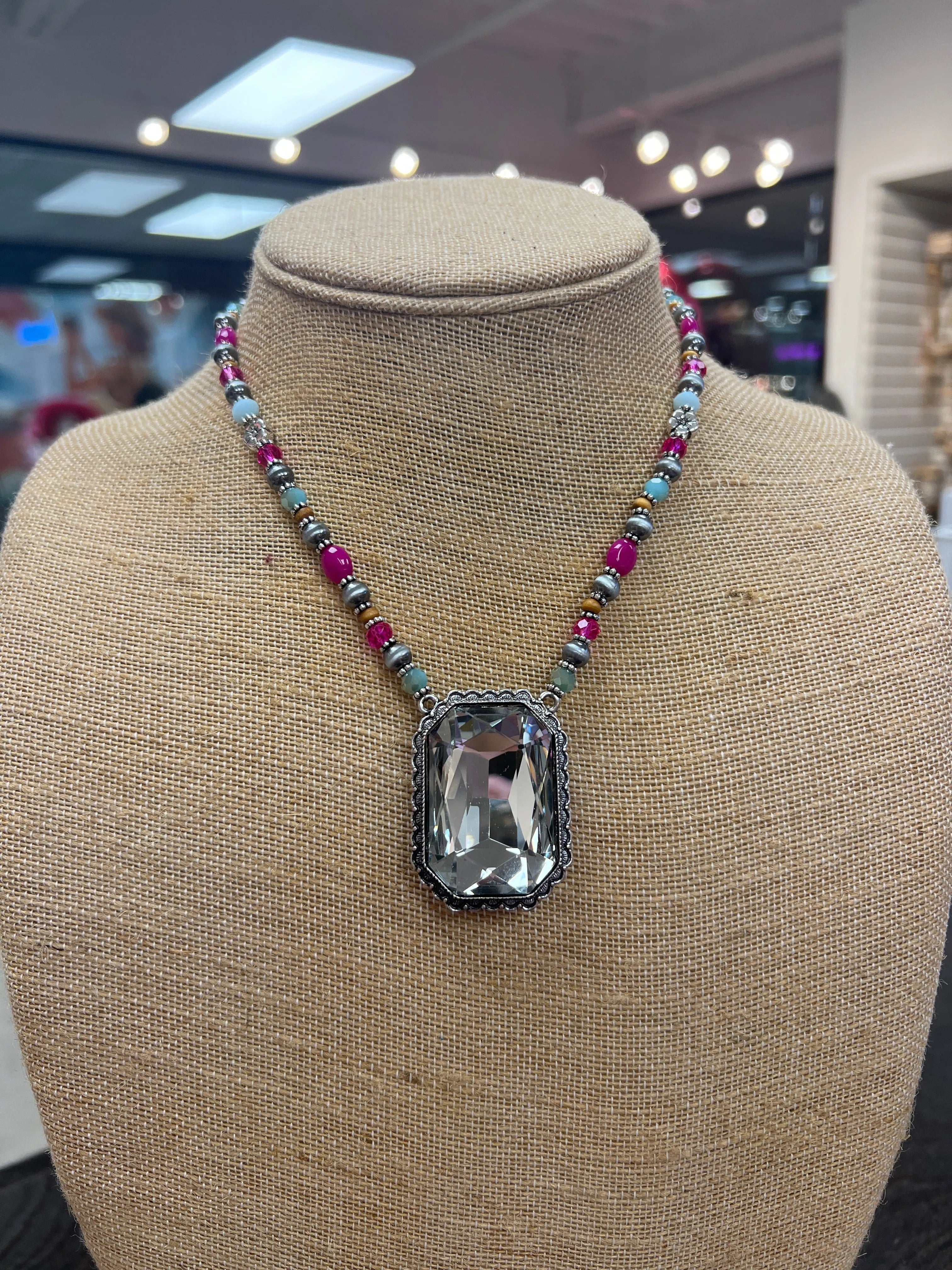 PINK PANACHE Navajo Pearl Pink/Blue Stone Necklace on Simply Obsessed