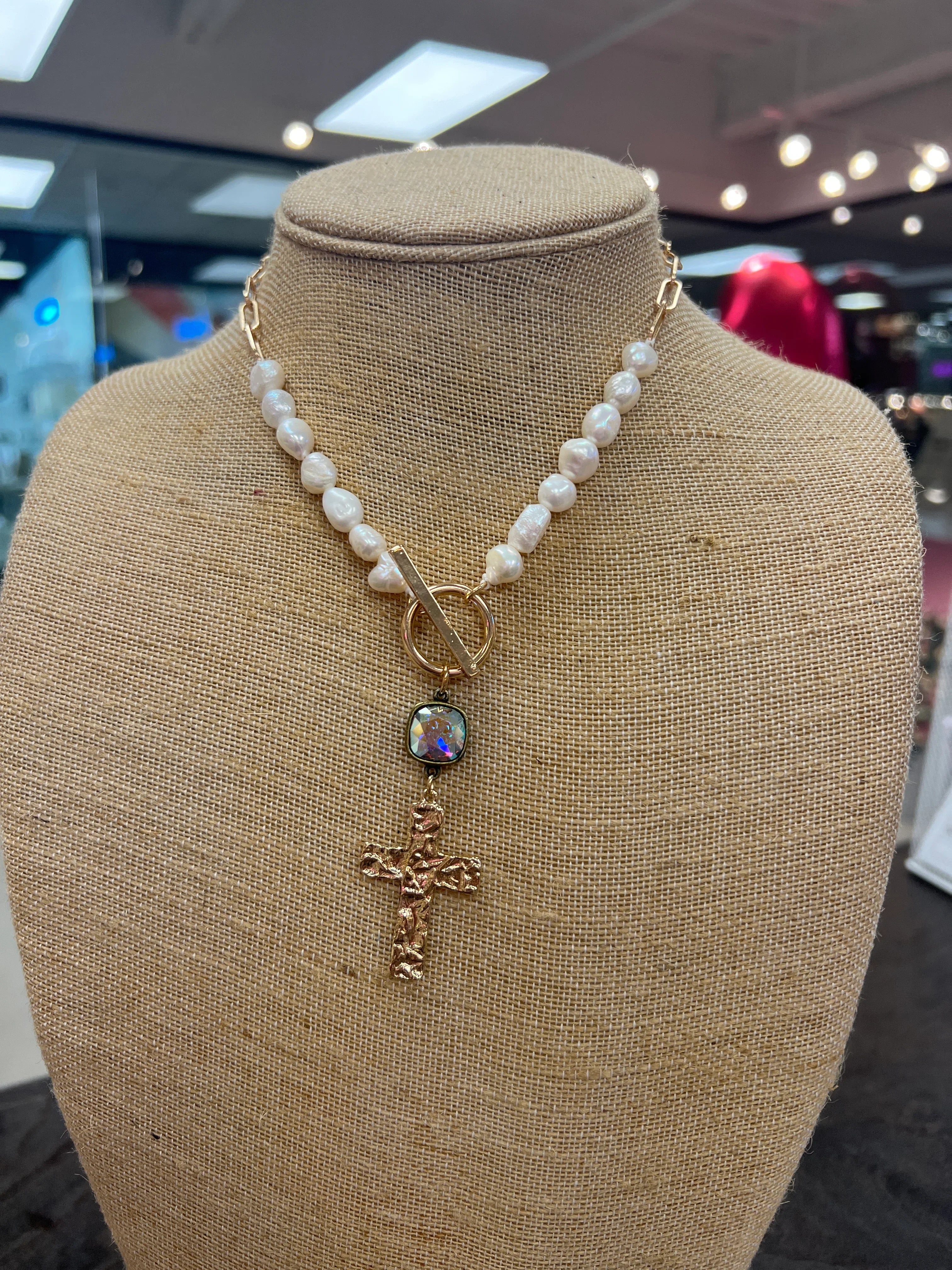 PINK PANACHE Pearl/Chain Cross Necklace on Simply Obsessed
