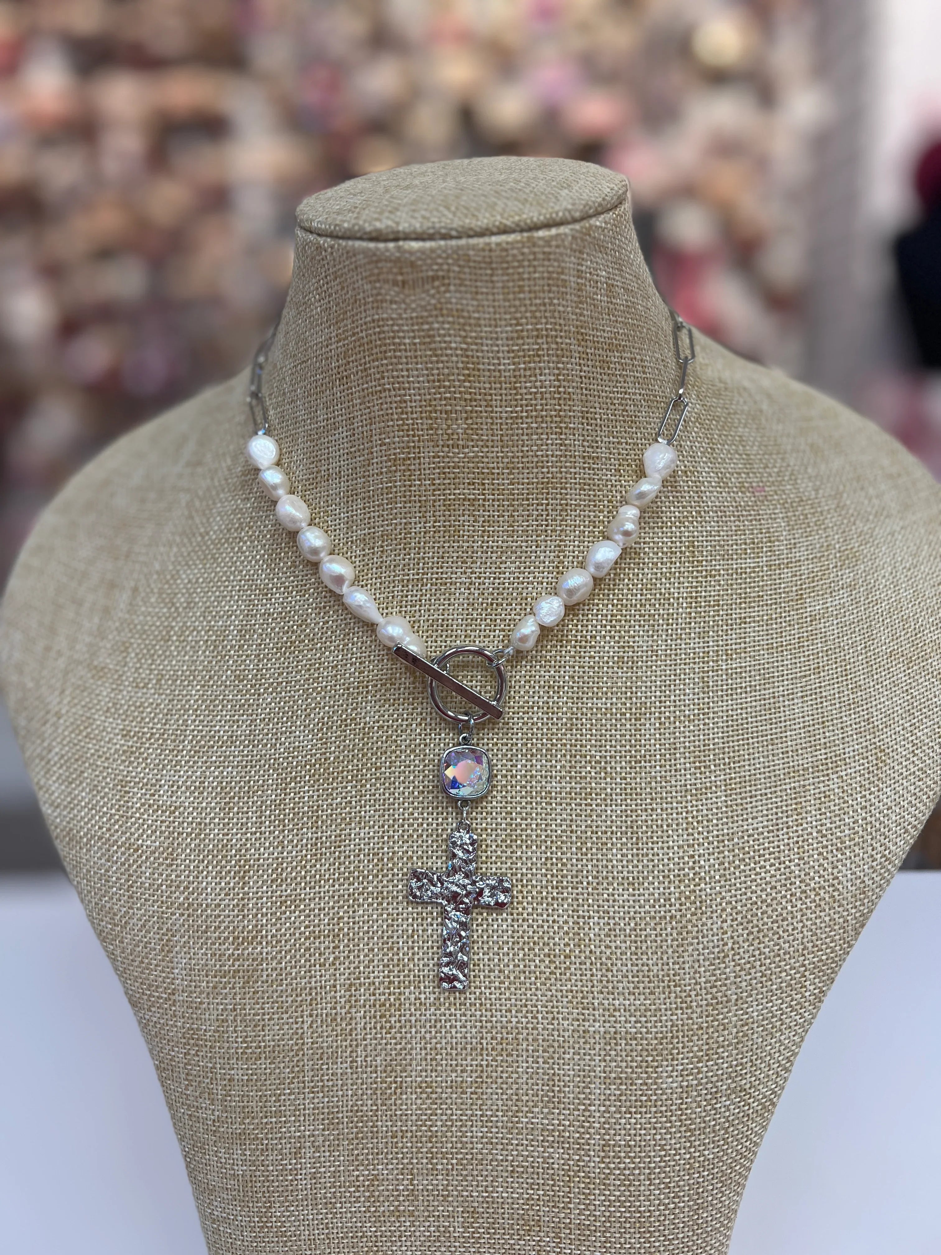 PINK PANACHE Pearl/Chain Cross Necklace on Simply Obsessed