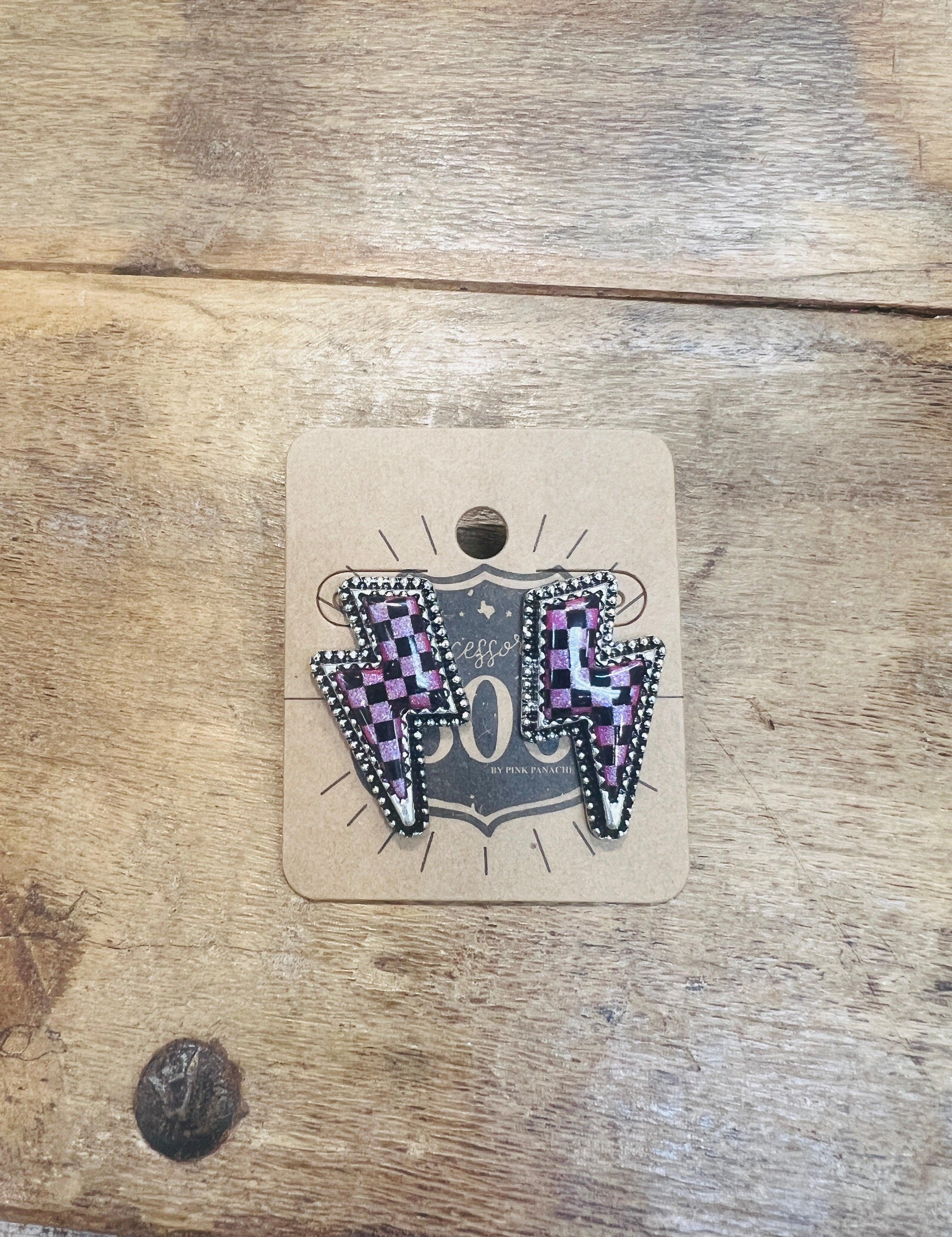 PINK PANACHE Pink Checkered Bolt Studs on Simply Obsessed