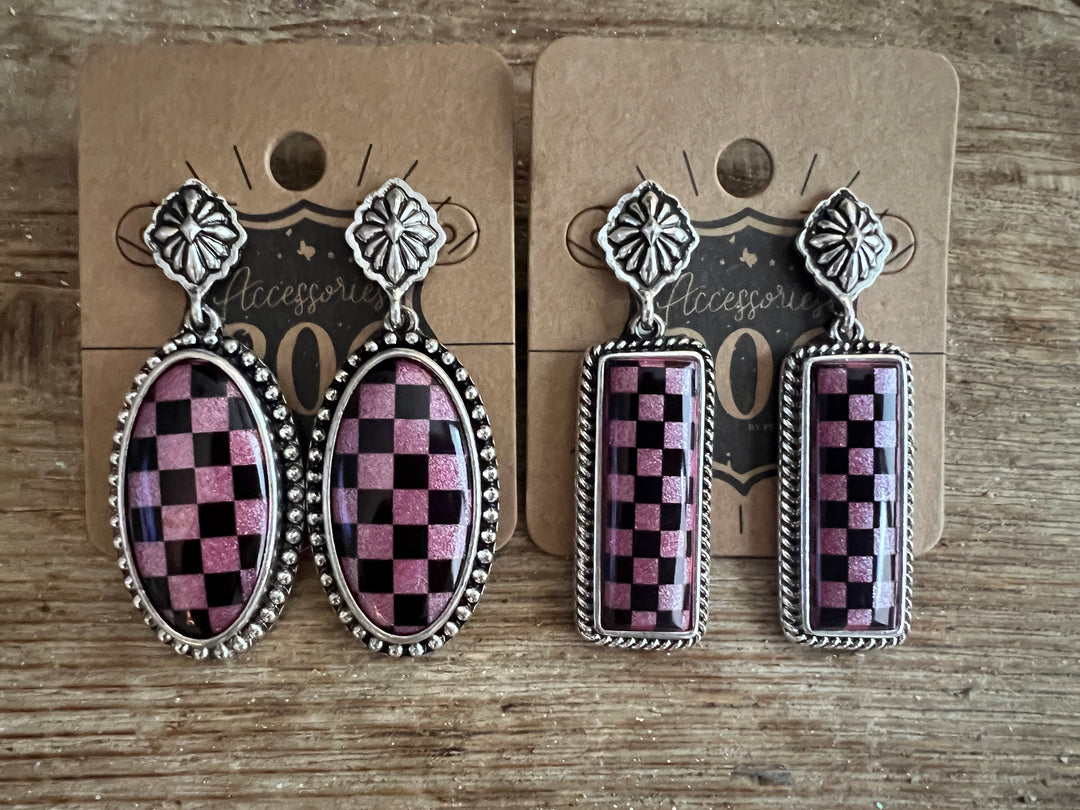 PINK PANACHE: Pink/Black Checkered Earrings on Simply Obsessed