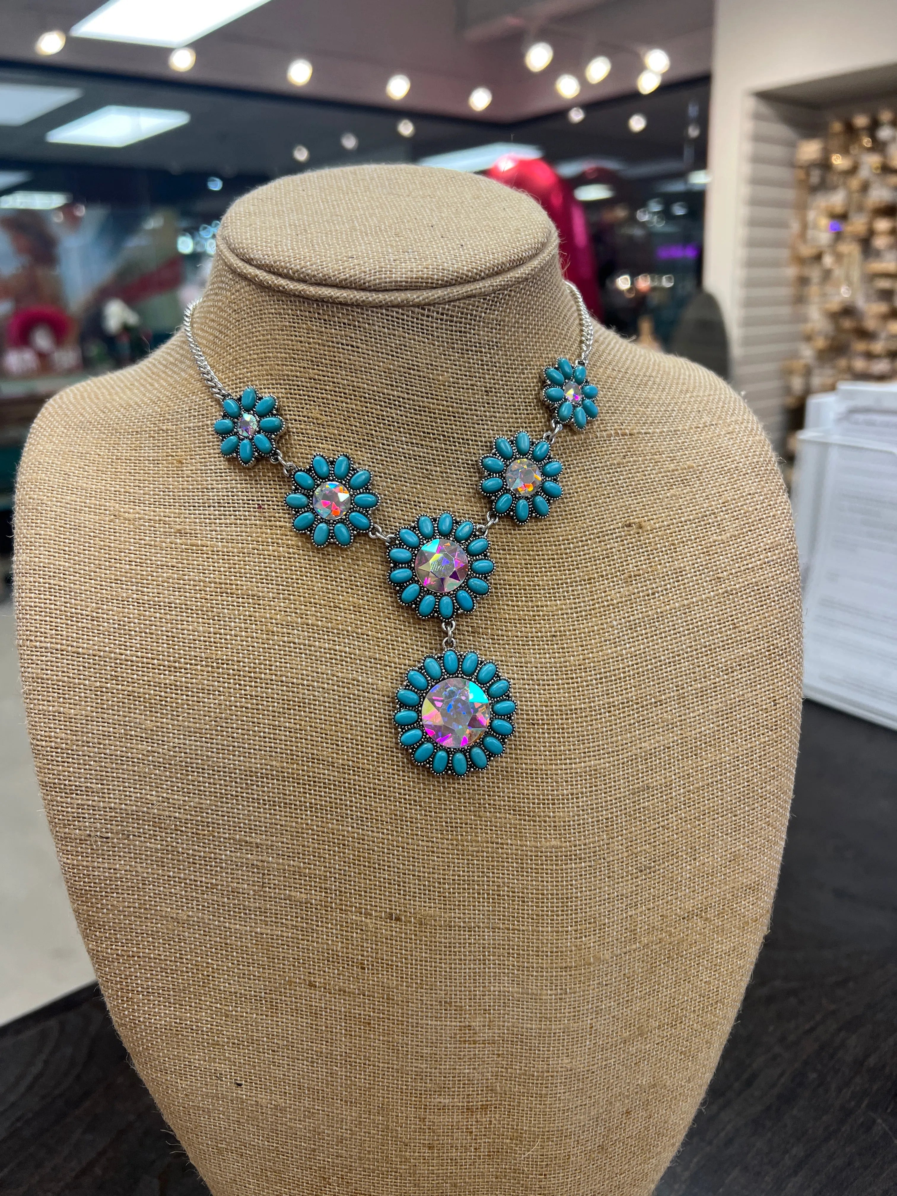 PINK PANACHE Turquoise/AB Flower Necklace on Simply Obsessed