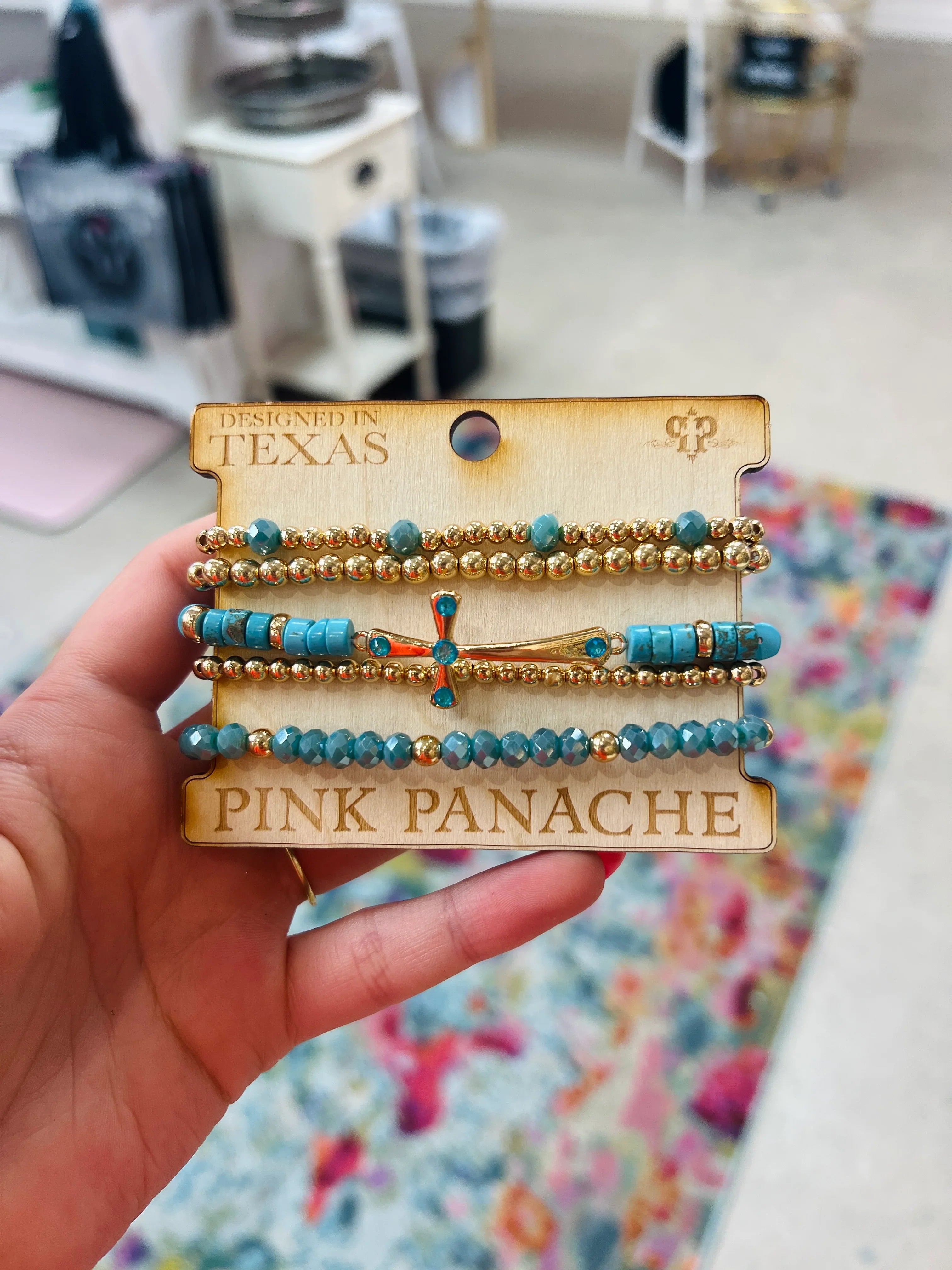 PINK PANACHE Turquoise/Gold Cross Bracelet Stack on Simply Obsessed