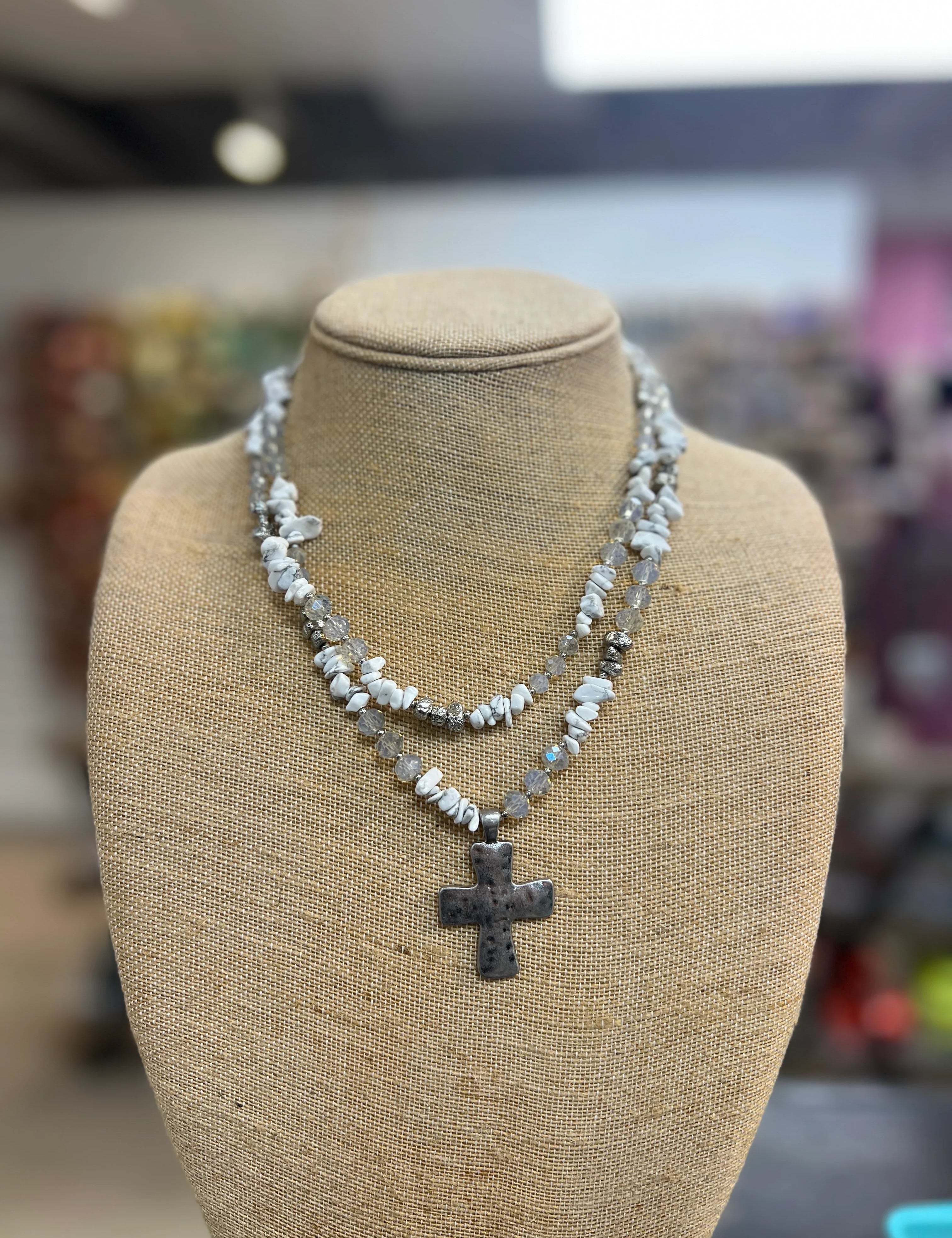 PINK PANACHE White & Silver Beaded Cross Necklace on Simply Obsessed