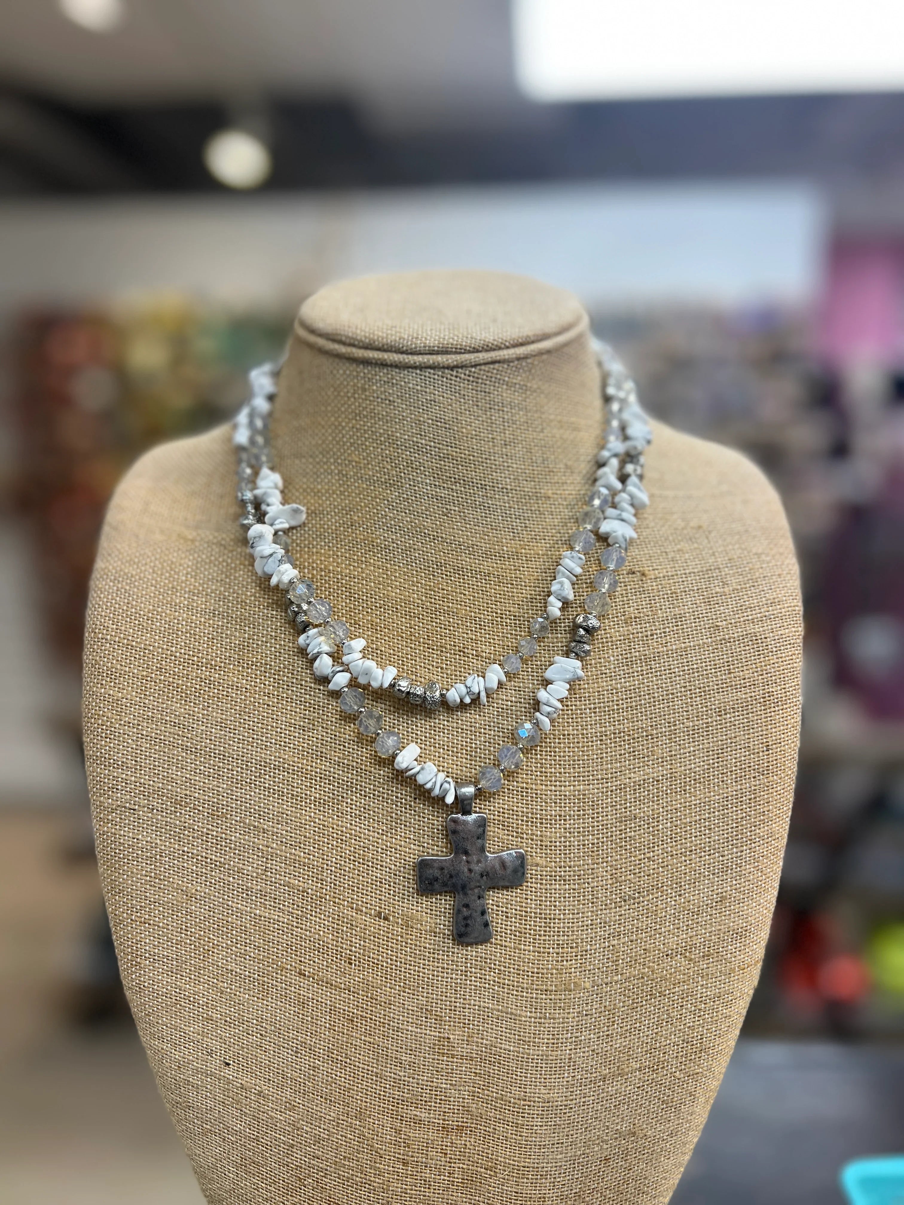 PINK PANACHE White & Silver Beaded Cross Necklace on Simply Obsessed