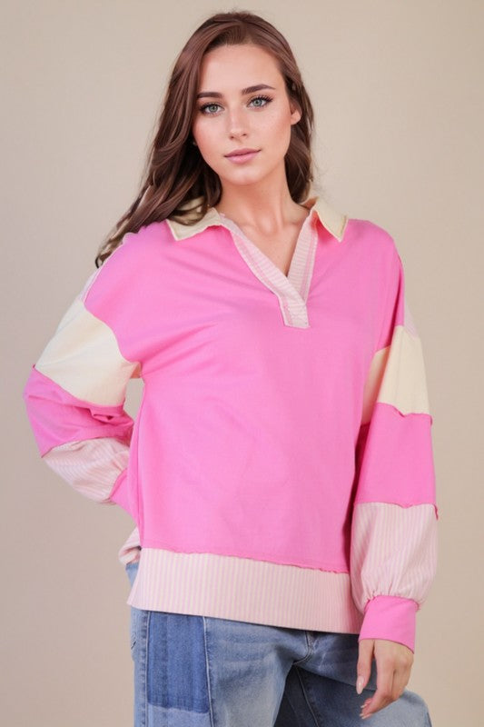 VERY J Striped Color Block Knit Casual Top