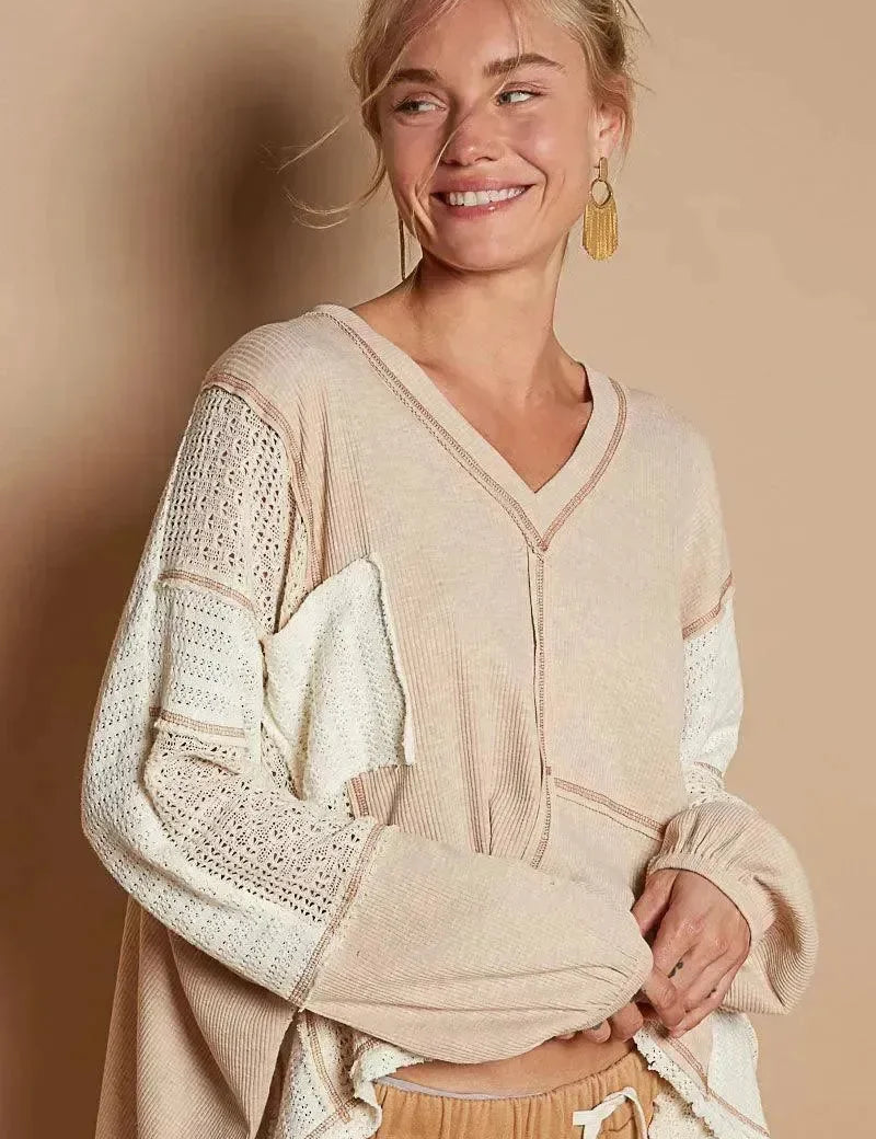 POL Almond Patchwork Pullover on Simply Obsessed