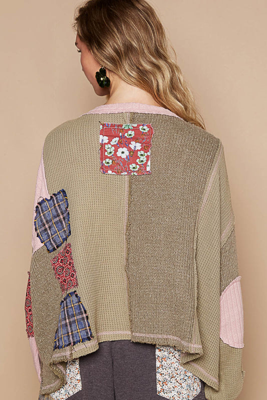 POL Daisy Patchwork Sweater - Olive Multi on Simply Obsessed