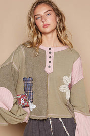 POL Daisy Patchwork Sweater - Olive Multi on Simply Obsessed