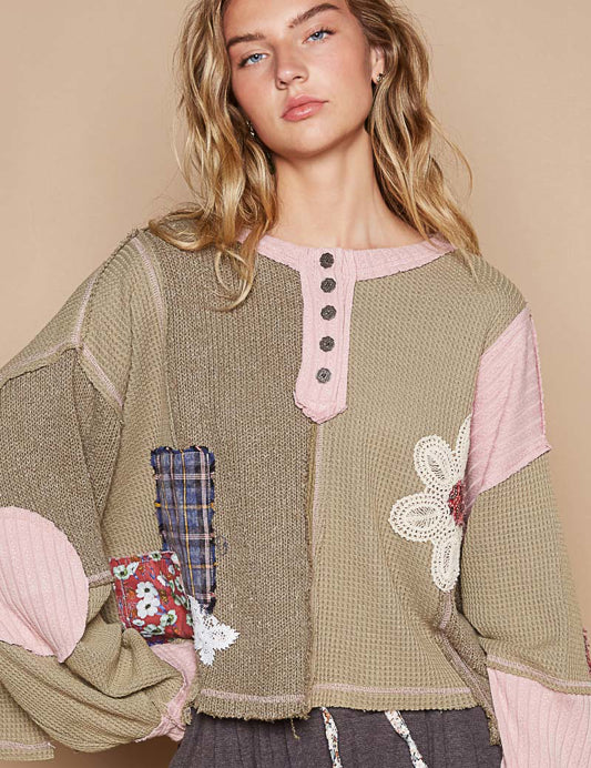 POL Daisy Patchwork Sweater - Olive Multi on Simply Obsessed