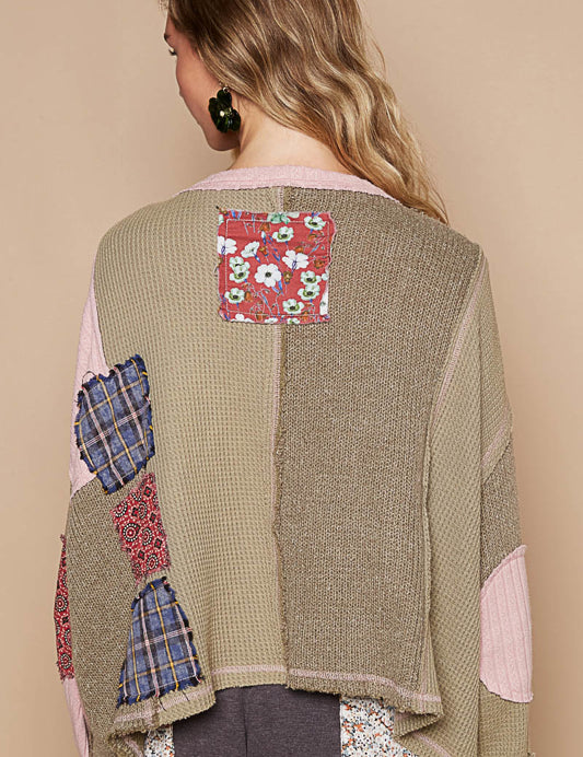 POL Daisy Patchwork Sweater - Olive Multi on Simply Obsessed